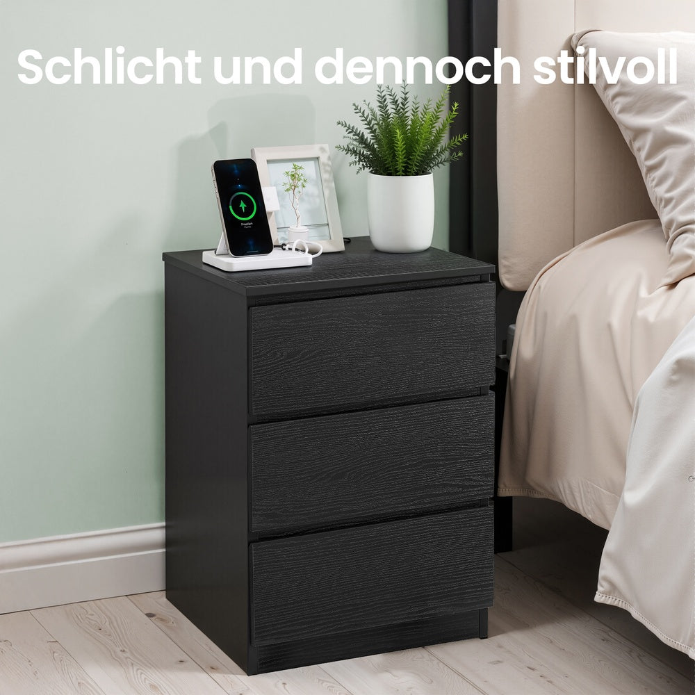 Nachttisch 2er Set, mit Steckdosenleiste, Beistelltisch mit 3 Schubladen