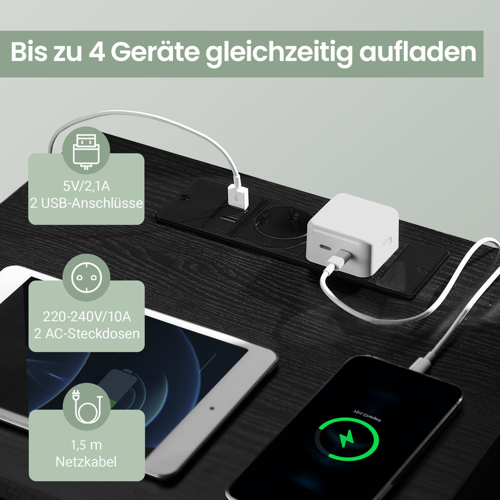 Nachttisch 2er Set, mit Steckdosenleiste, Beistelltisch mit 3 Schubladen