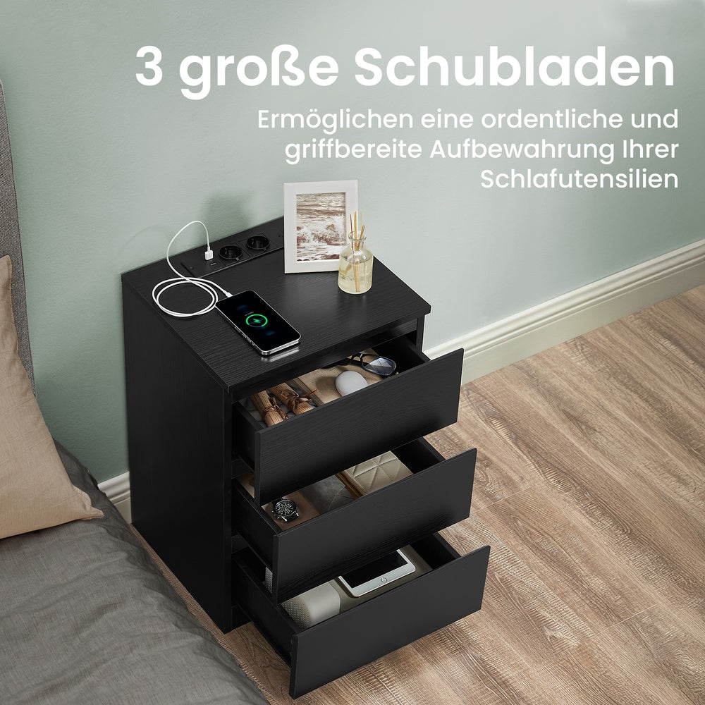 Nachttisch 2er Set, mit Steckdosenleiste, Beistelltisch mit 3 Schubladen