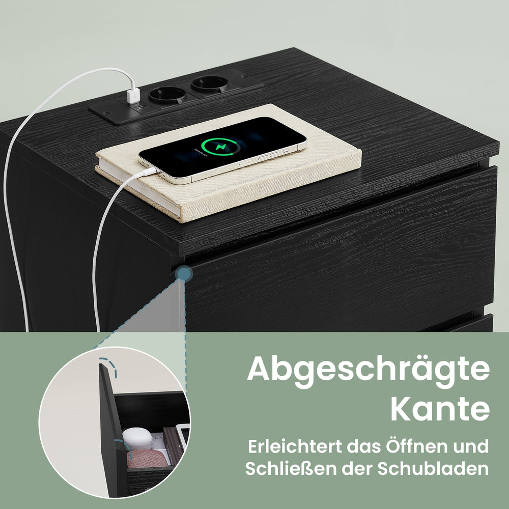 Nachttisch 2er Set, mit Steckdosenleiste, Beistelltisch mit 3 Schubladen
