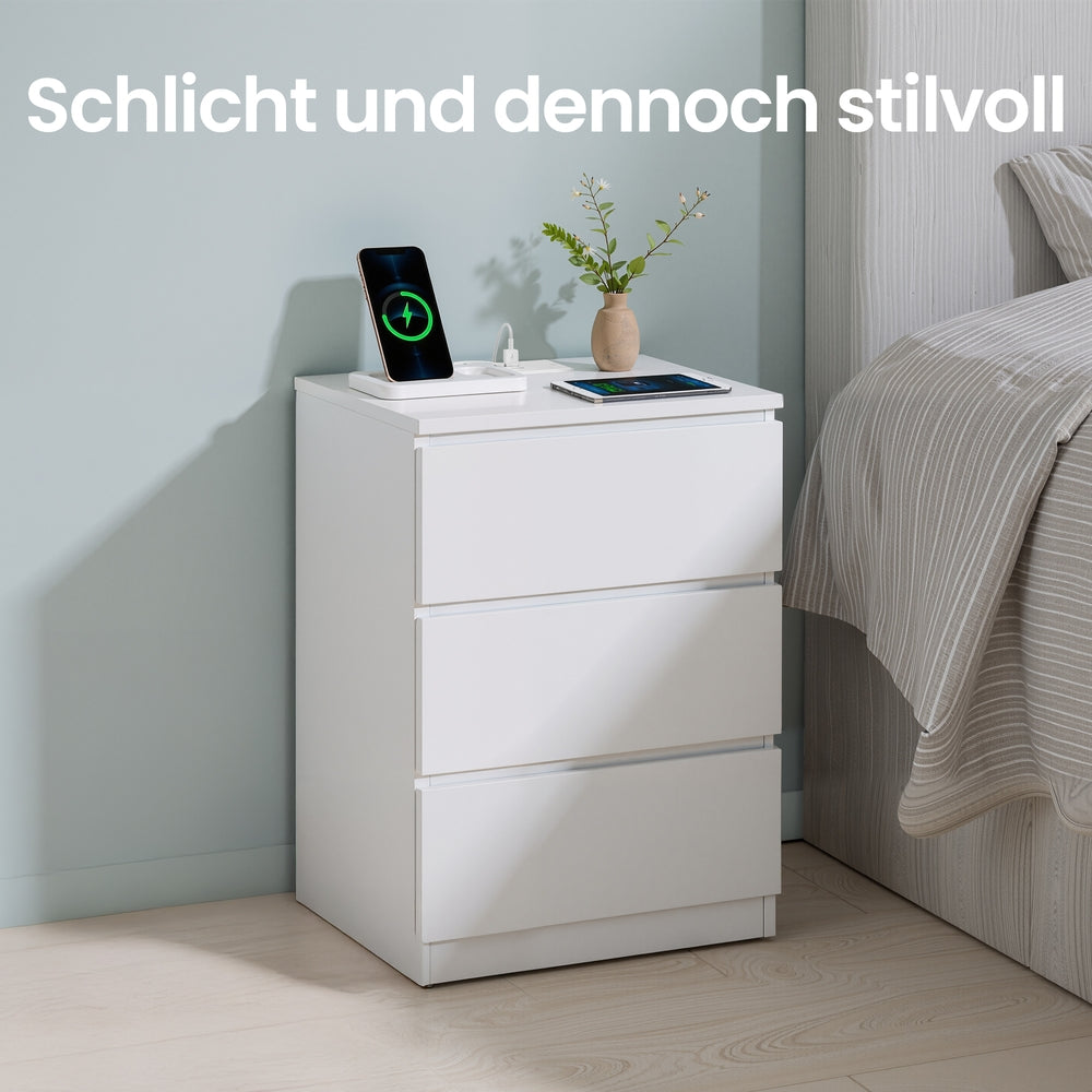 Nachttisch 2er Set, mit Steckdosenleiste, Beistelltisch mit 3 Schubladen