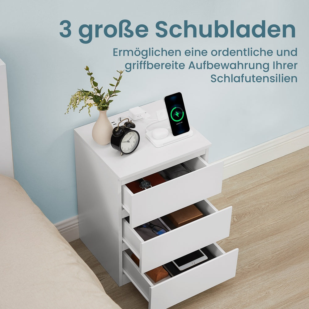 Nachttisch 2er Set, mit Steckdosenleiste, Beistelltisch mit 3 Schubladen