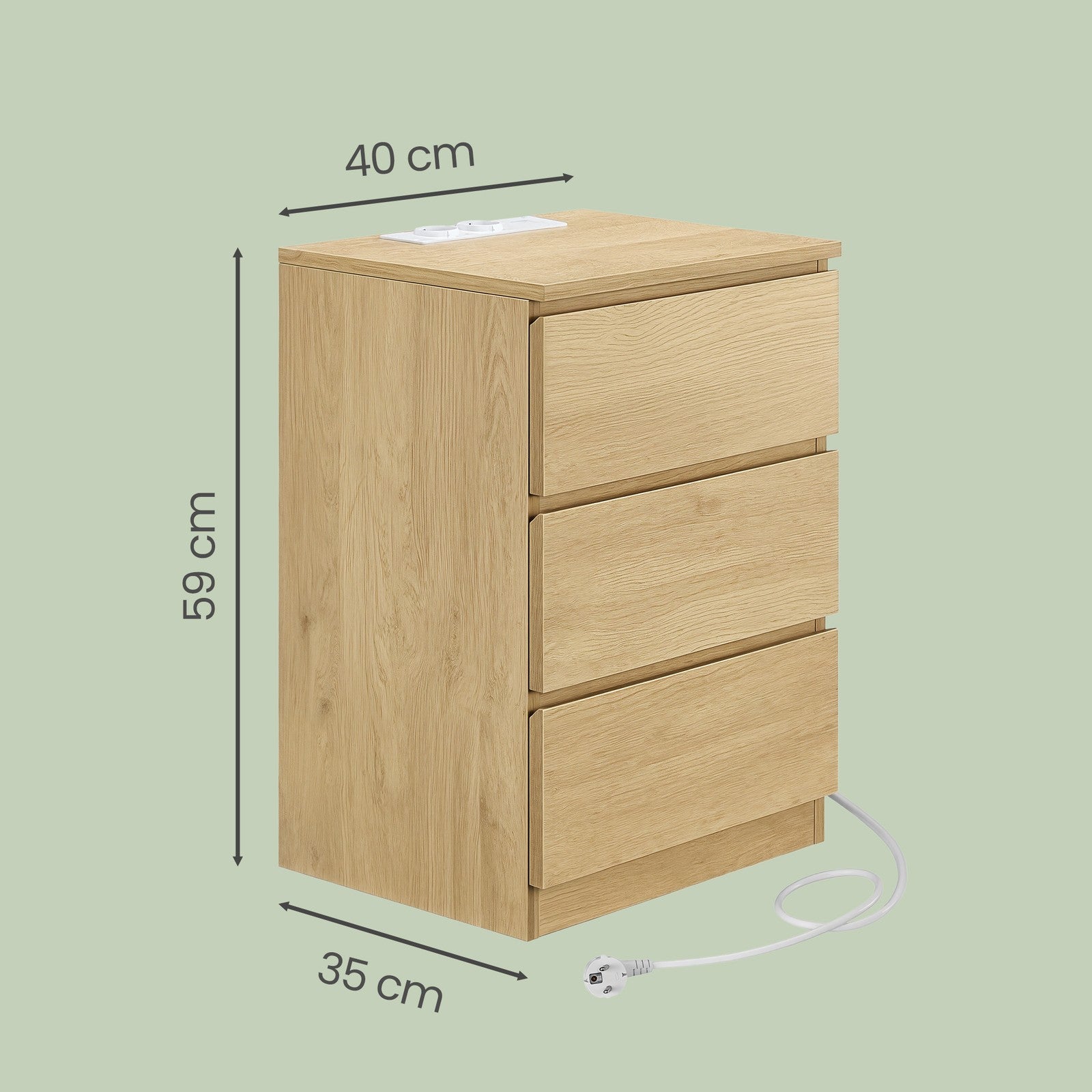 Beistelltisch Set mit Steckdosenleiste, Nachttisch, 3 Schubladen