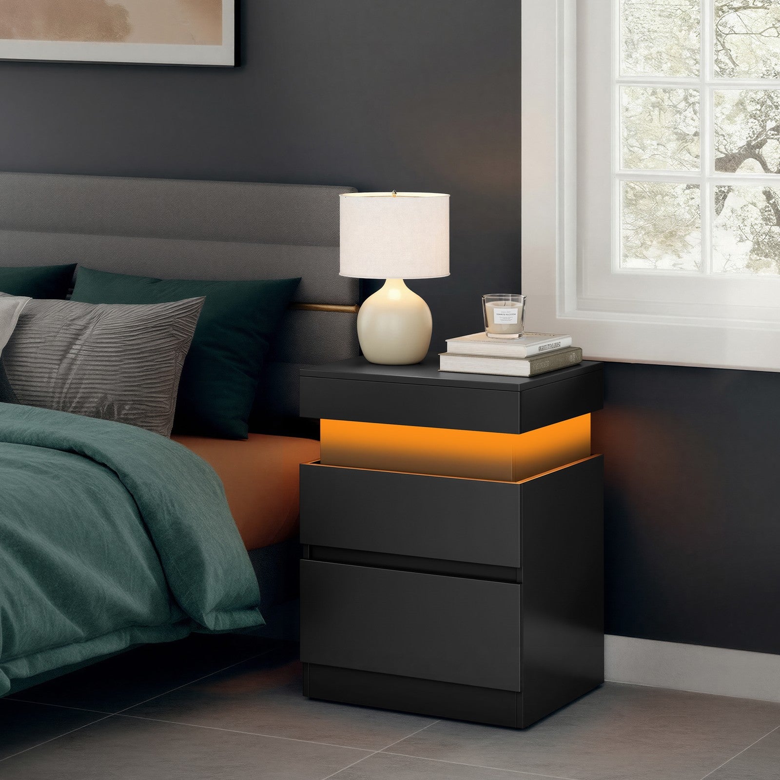 Beistelltisch mit Ladestation, 2er Set, Nachttisch mit Beleuchtung