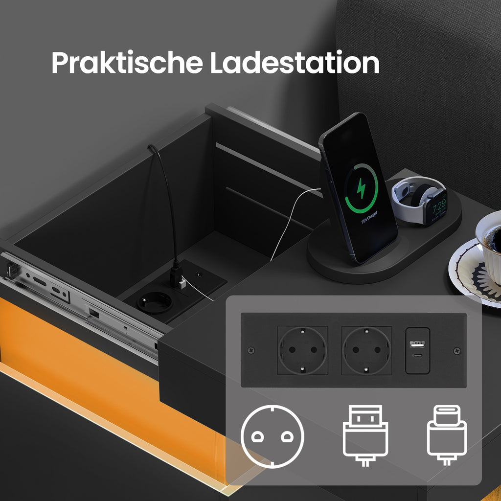 Beistelltisch mit Ladestation, 2er Set, Nachttisch mit Beleuchtung