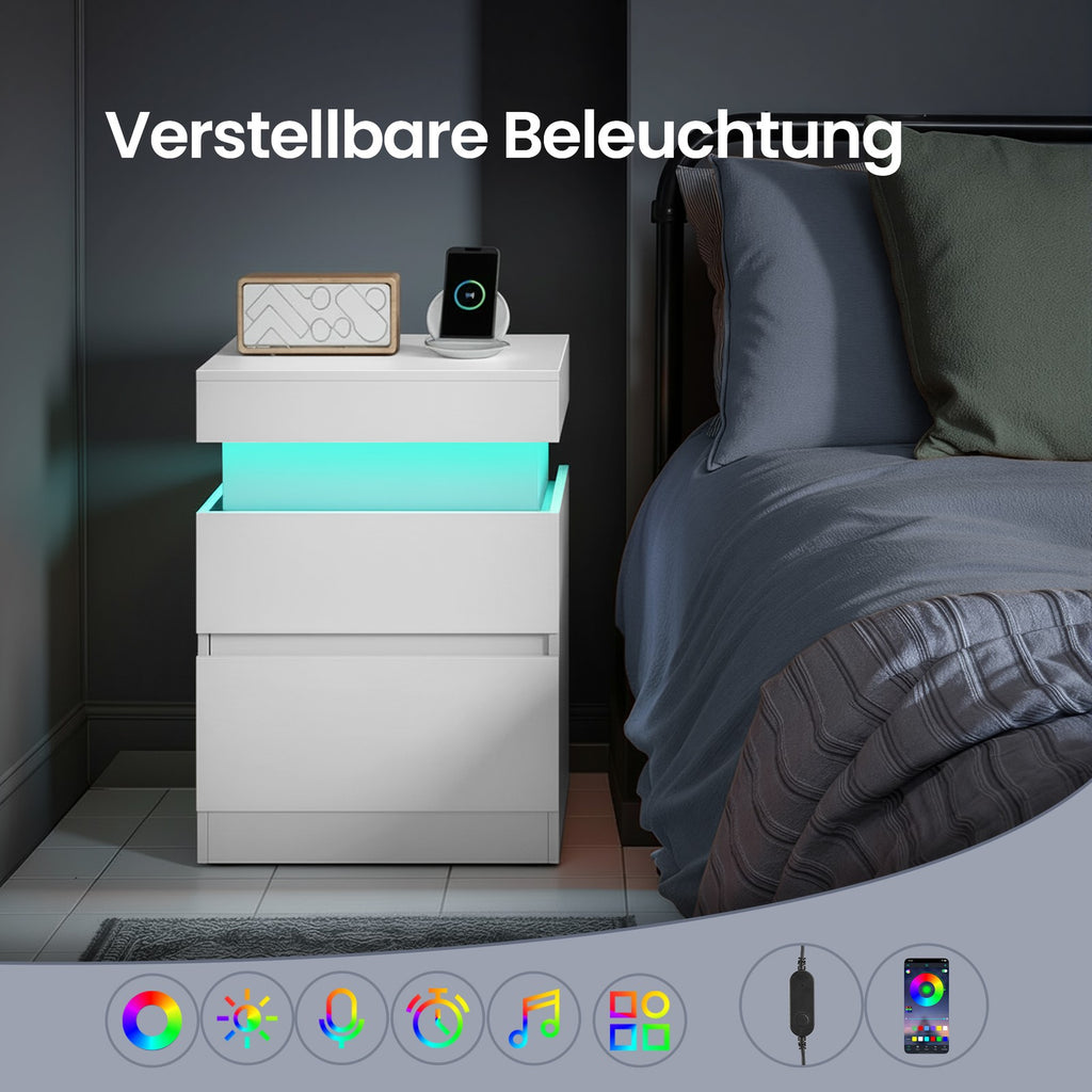 Beistelltisch mit Ladestation, 2er Set, Nachttisch mit Beleuchtung