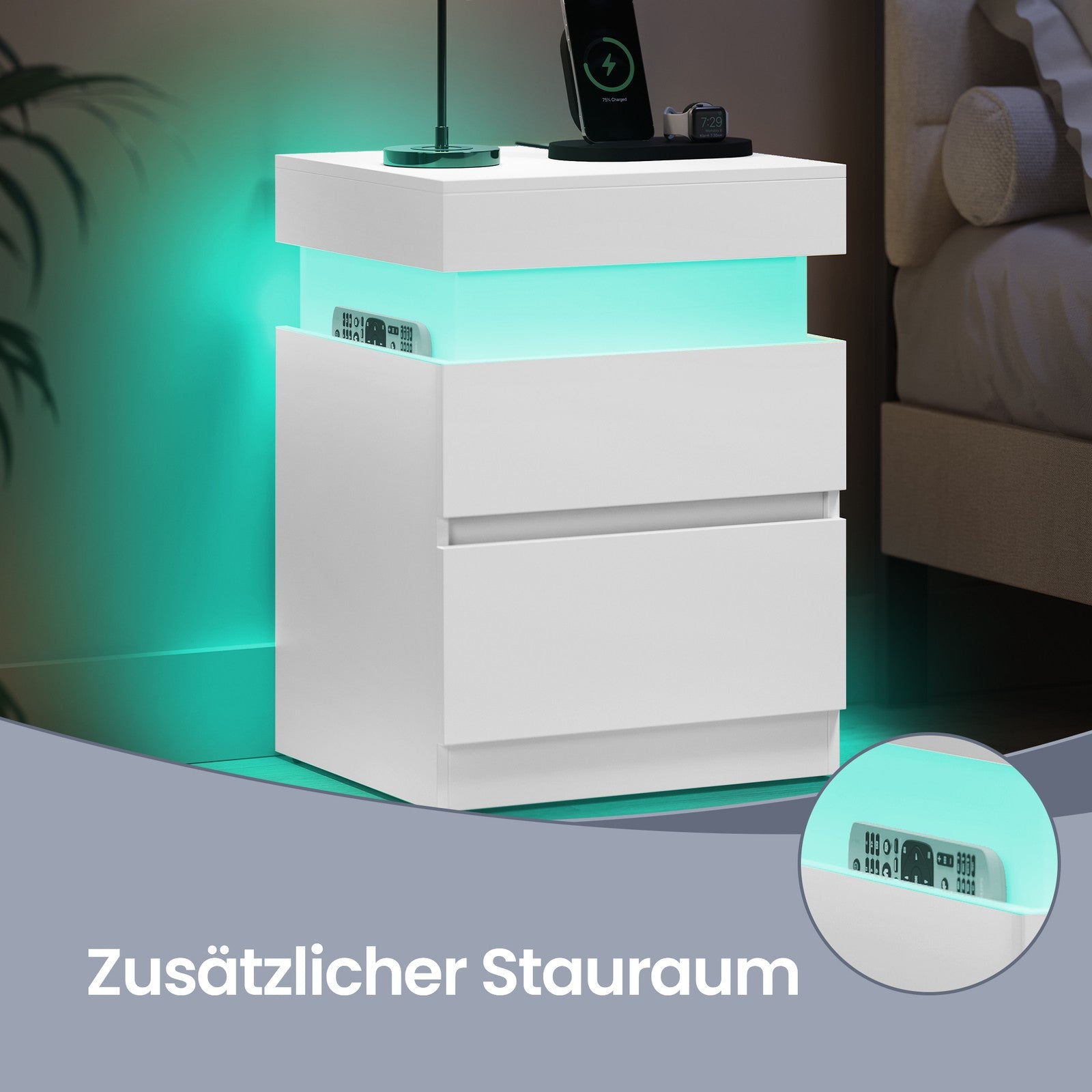 Beistelltisch mit Ladestation, 2er Set, Nachttisch mit Beleuchtung