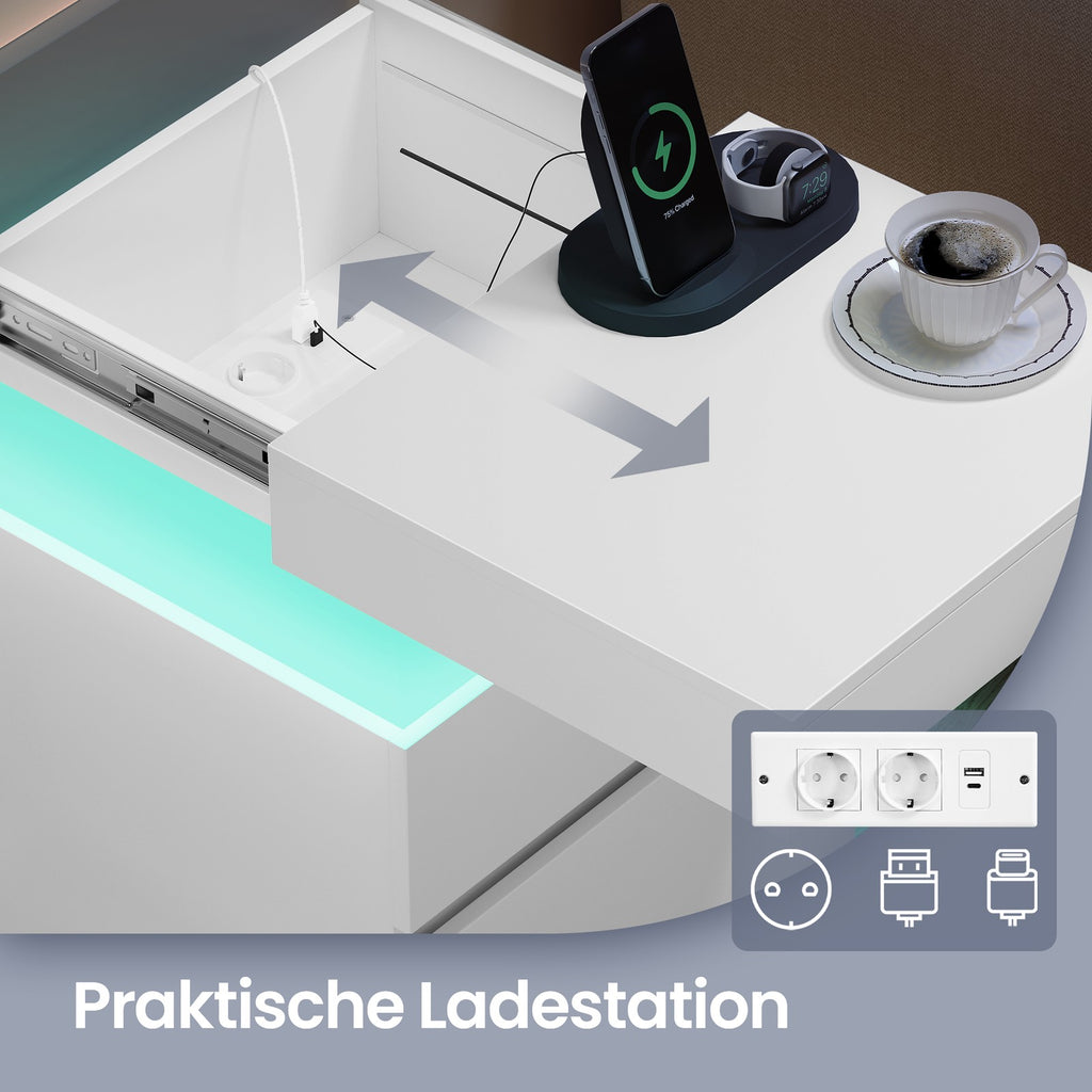 Beistelltisch mit Ladestation, 2er Set, Nachttisch mit Beleuchtung