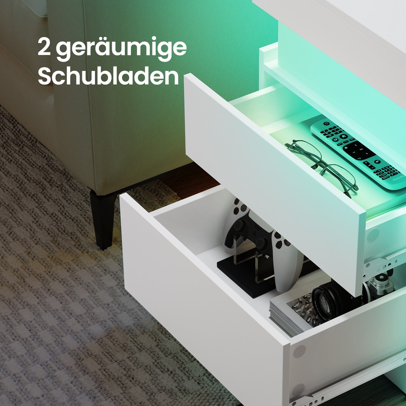 Beistelltisch mit Ladestation, 2er Set, Nachttisch mit Beleuchtung