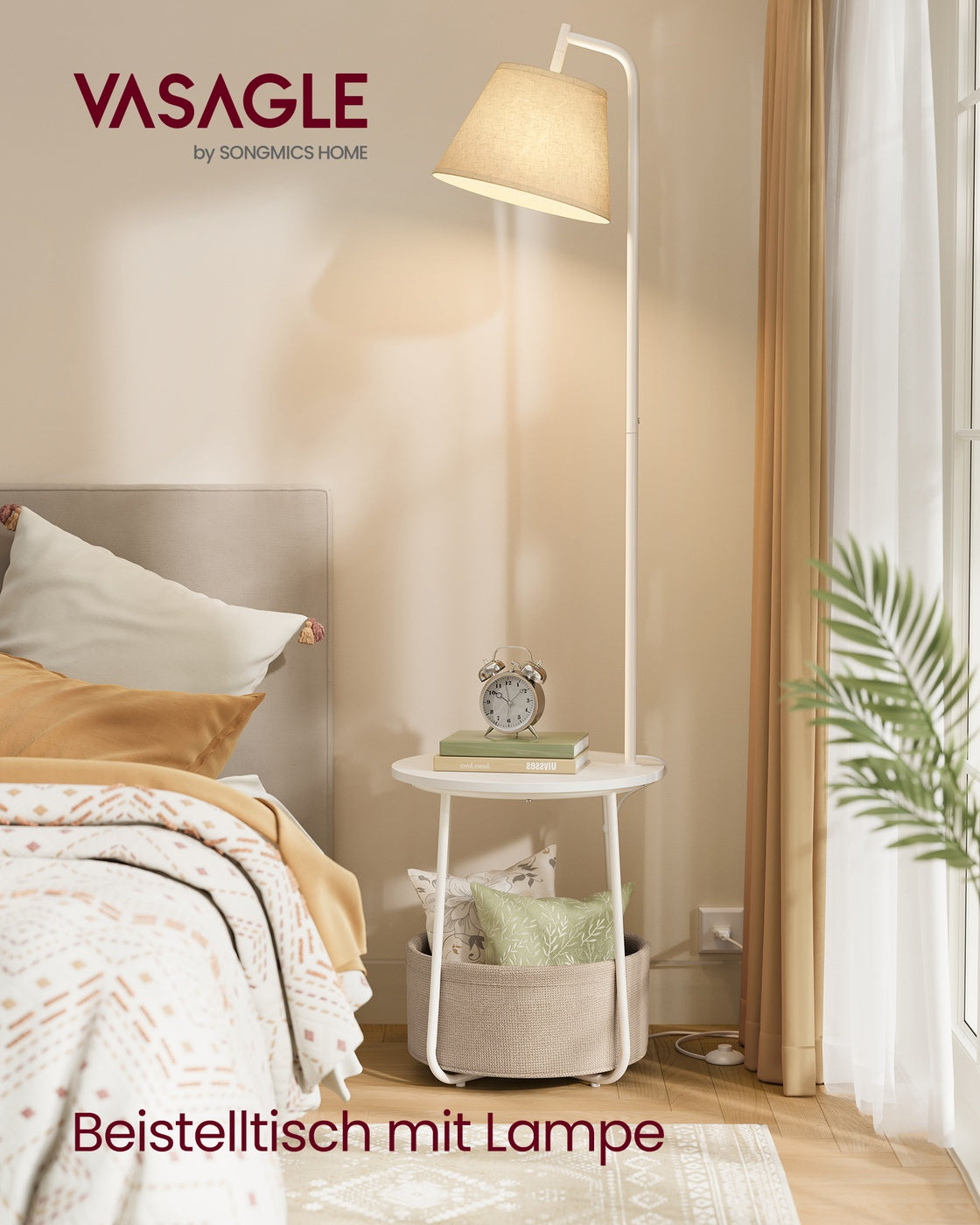 3-in-1 Beistelltisch mit Lampe und Stoffkorb mattweiß
