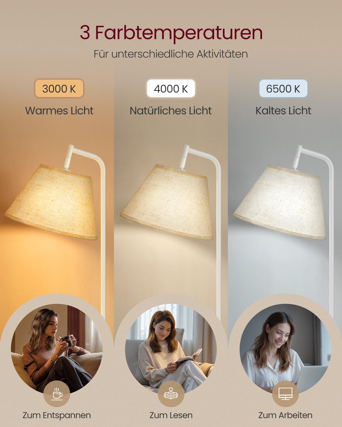 3-in-1 Beistelltisch mit Lampe und Stoffkorb mattweiß