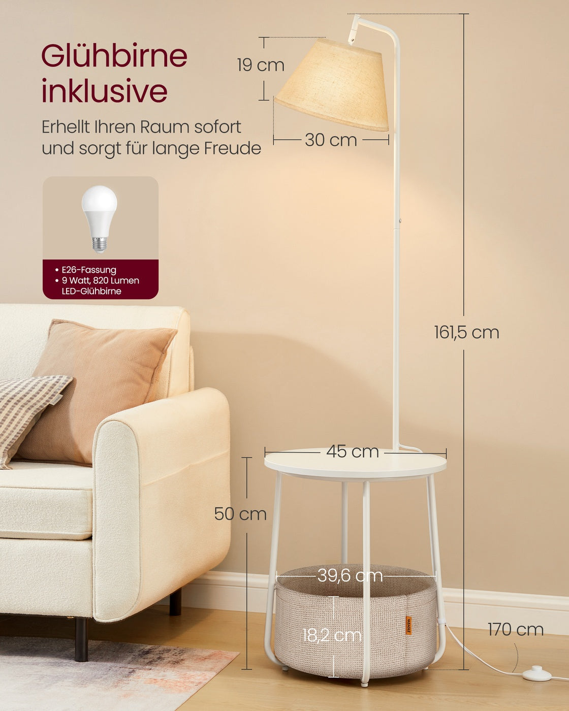 3-in-1 Beistelltisch mit Lampe und Stoffkorb mattweiß