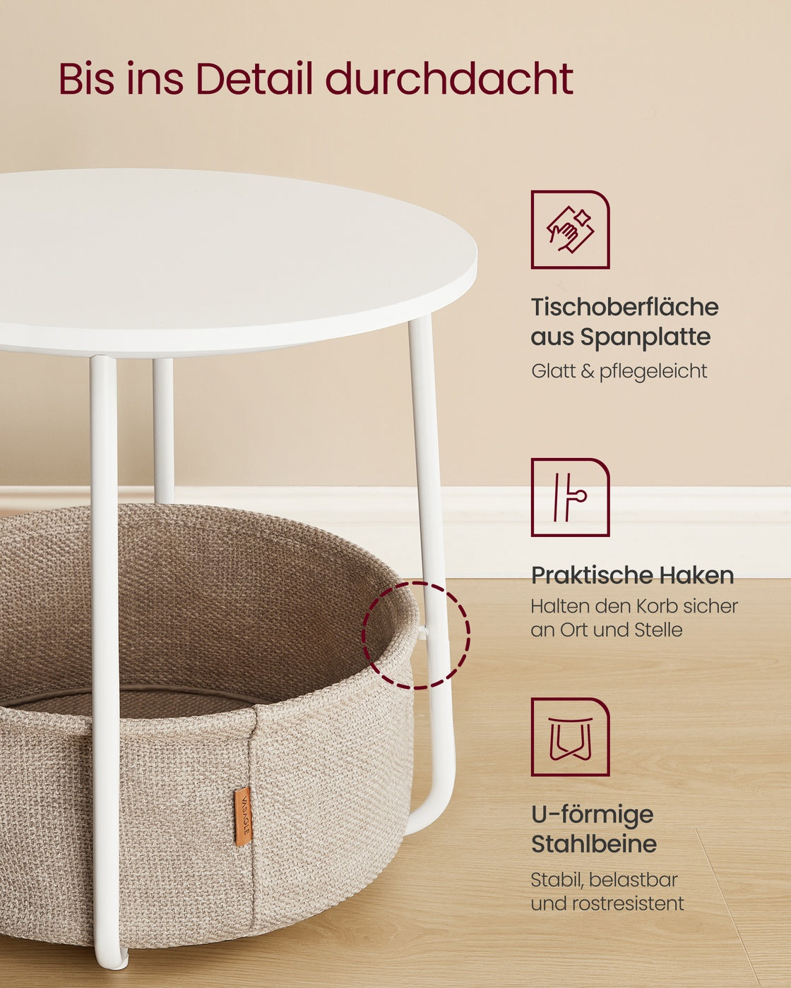 3-in-1 Beistelltisch mit Lampe und Stoffkorb mattweiß