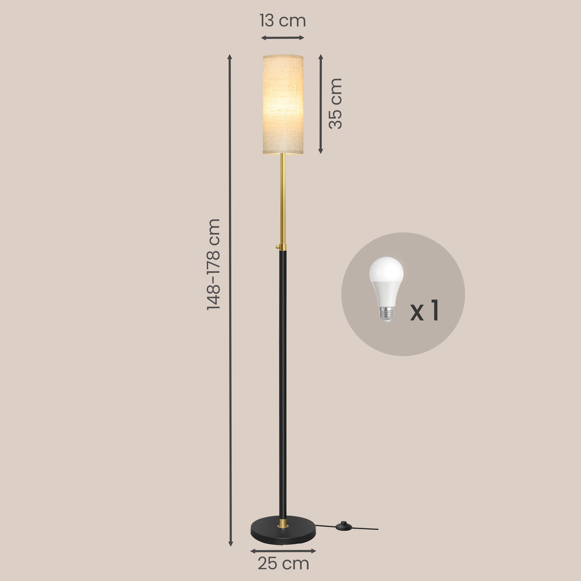 Höhenverstellbare Stehleuchte, 148 cm hoch, mit Fußtaster