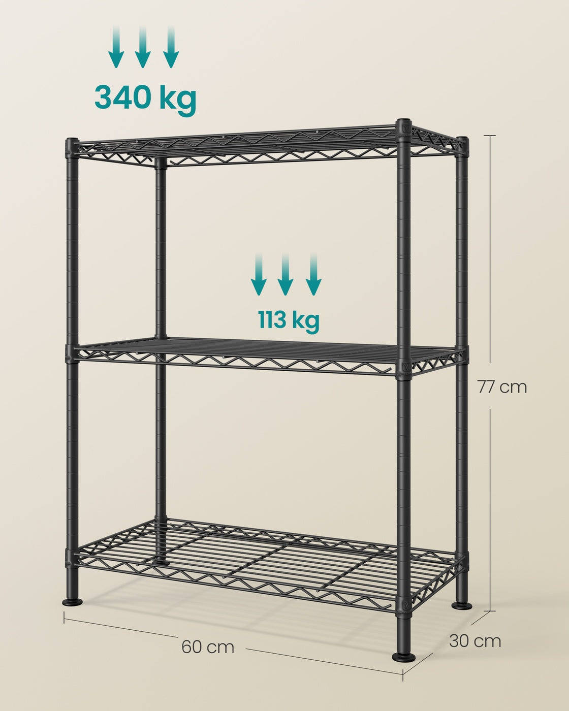 Regal Metallregal 3 Ebenen höhenverstellbare Ablagen 30 × 60 × 77 cm tintenschwarz