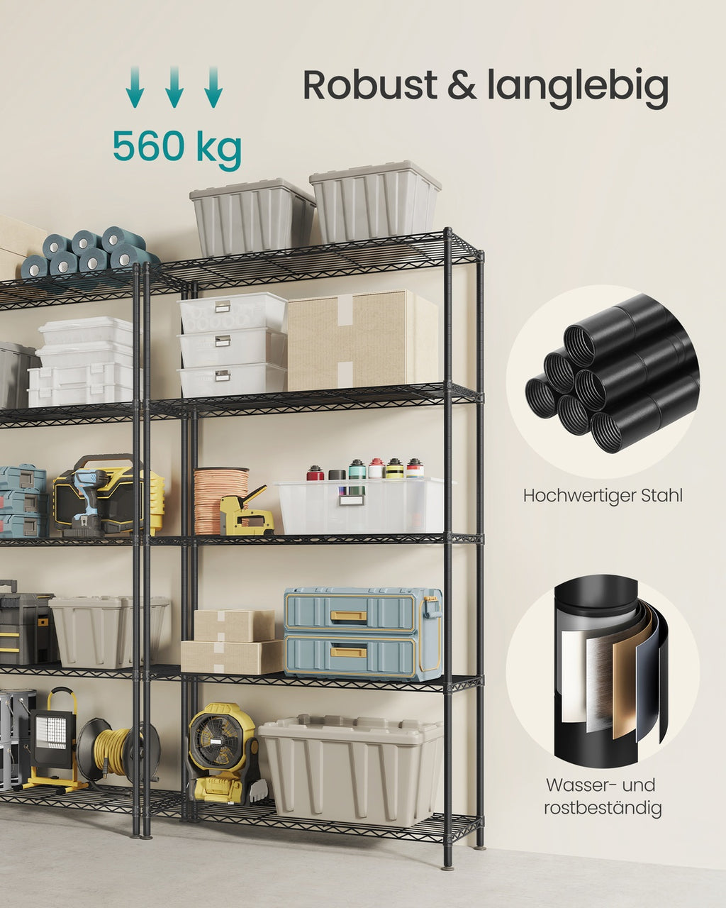 Regal, Metallregal, höhenverstellbare Ablagen, Aufbewahrungsregal, Standregal für Garage Schlafzimmer Wohnzimmer