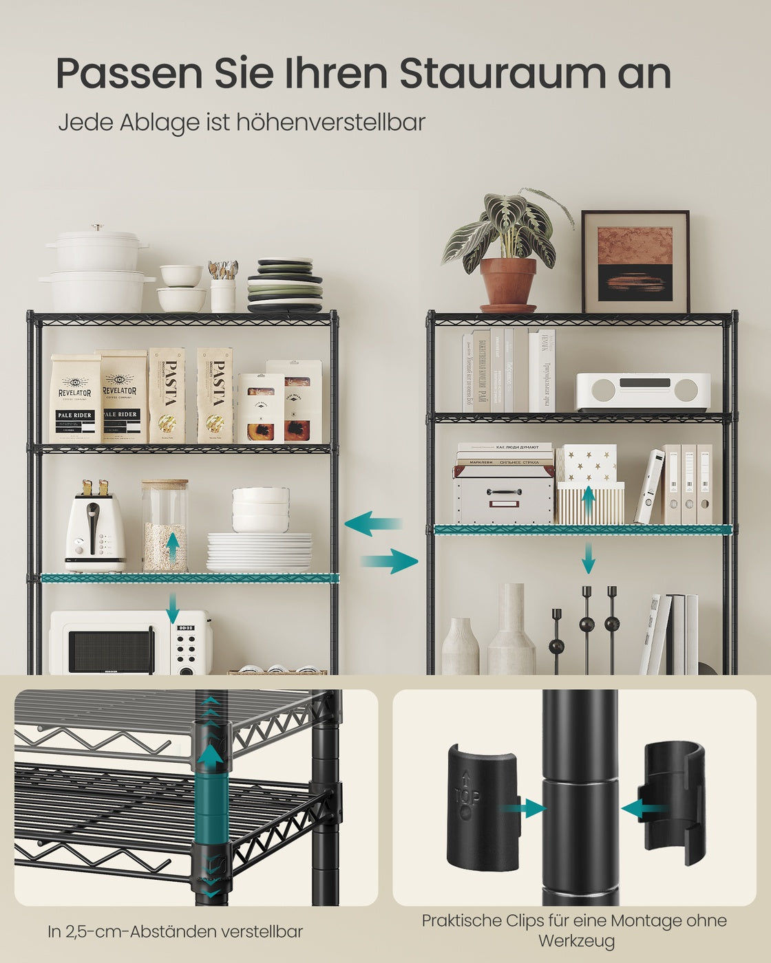 Regal, Metallregal, höhenverstellbare Ablagen, Aufbewahrungsregal, Standregal für Garage Schlafzimmer Wohnzimmer