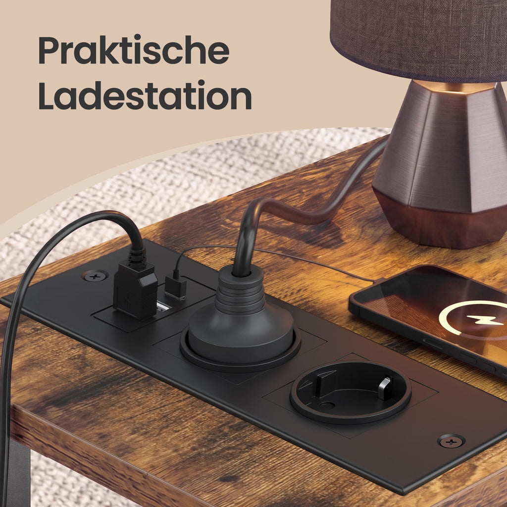 Beistelltisch mit LED-Beleuchtung, 2 Schubladen und Steckdosenleiste, Nachtisch für Schlafzimmer