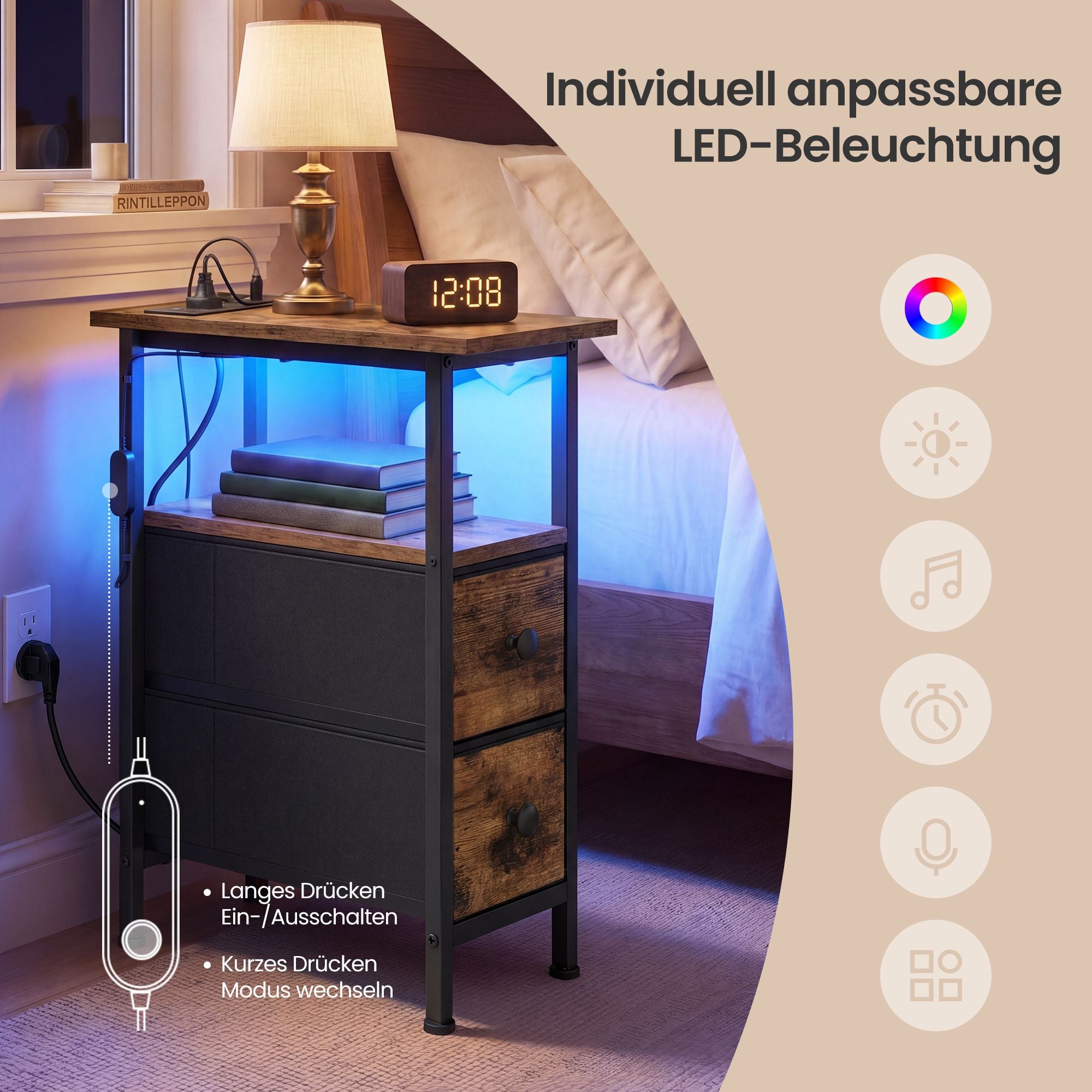 Beistelltisch mit LED-Beleuchtung, 2 Schubladen und Steckdosenleiste, Nachtisch für Schlafzimmer