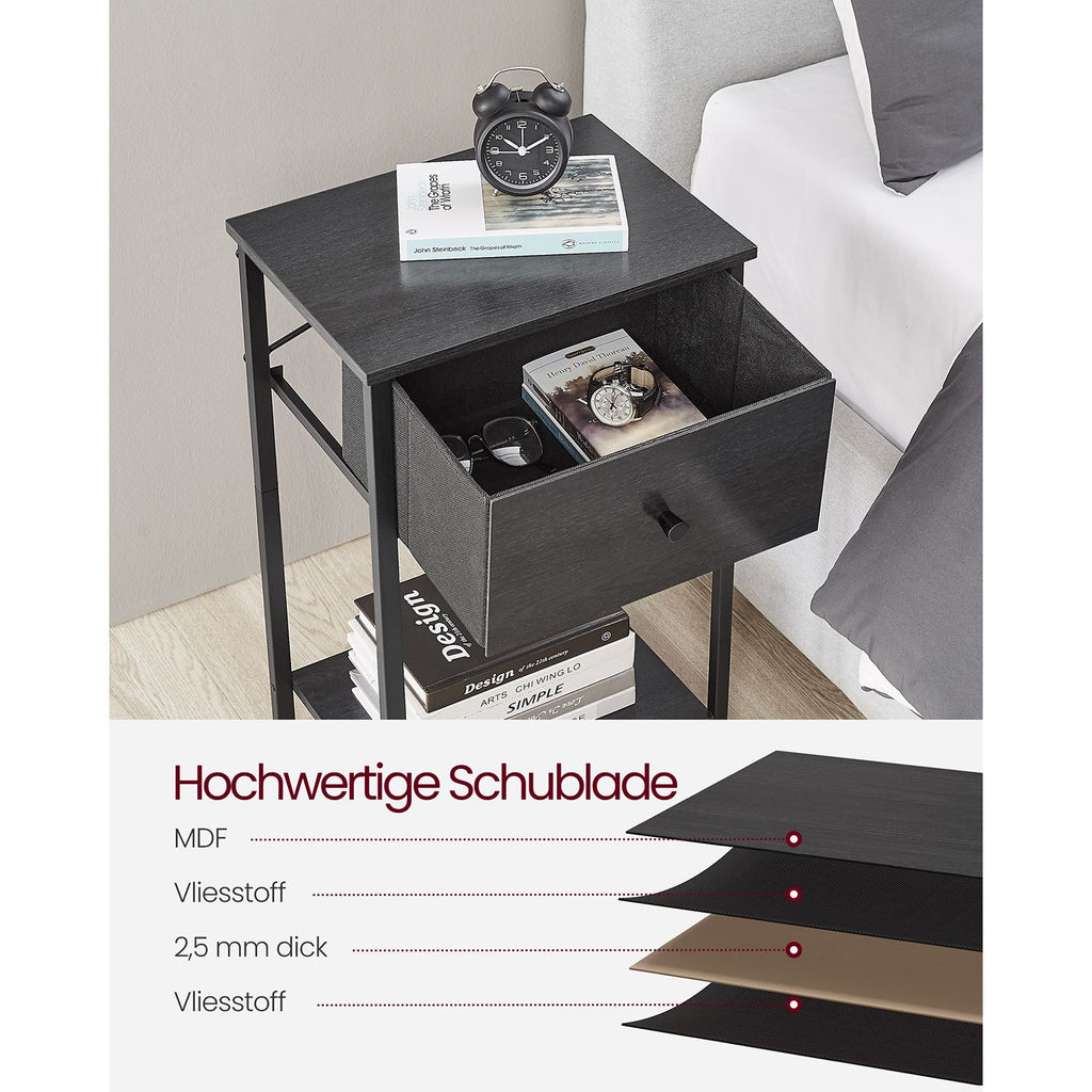 Nachttisch mit Stoff-Schublade und Ablage schwarz