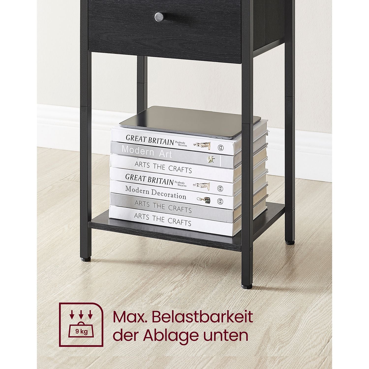 Nachttisch mit Stoff-Schublade und Ablage schwarz