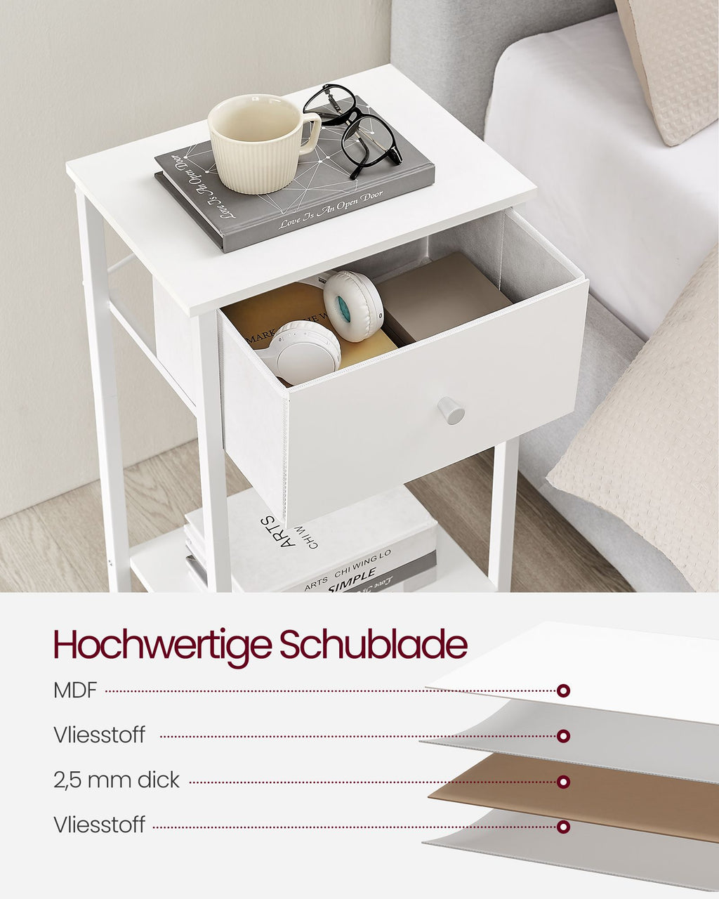 Beistelltisch mit Stoff-Schublade weiß