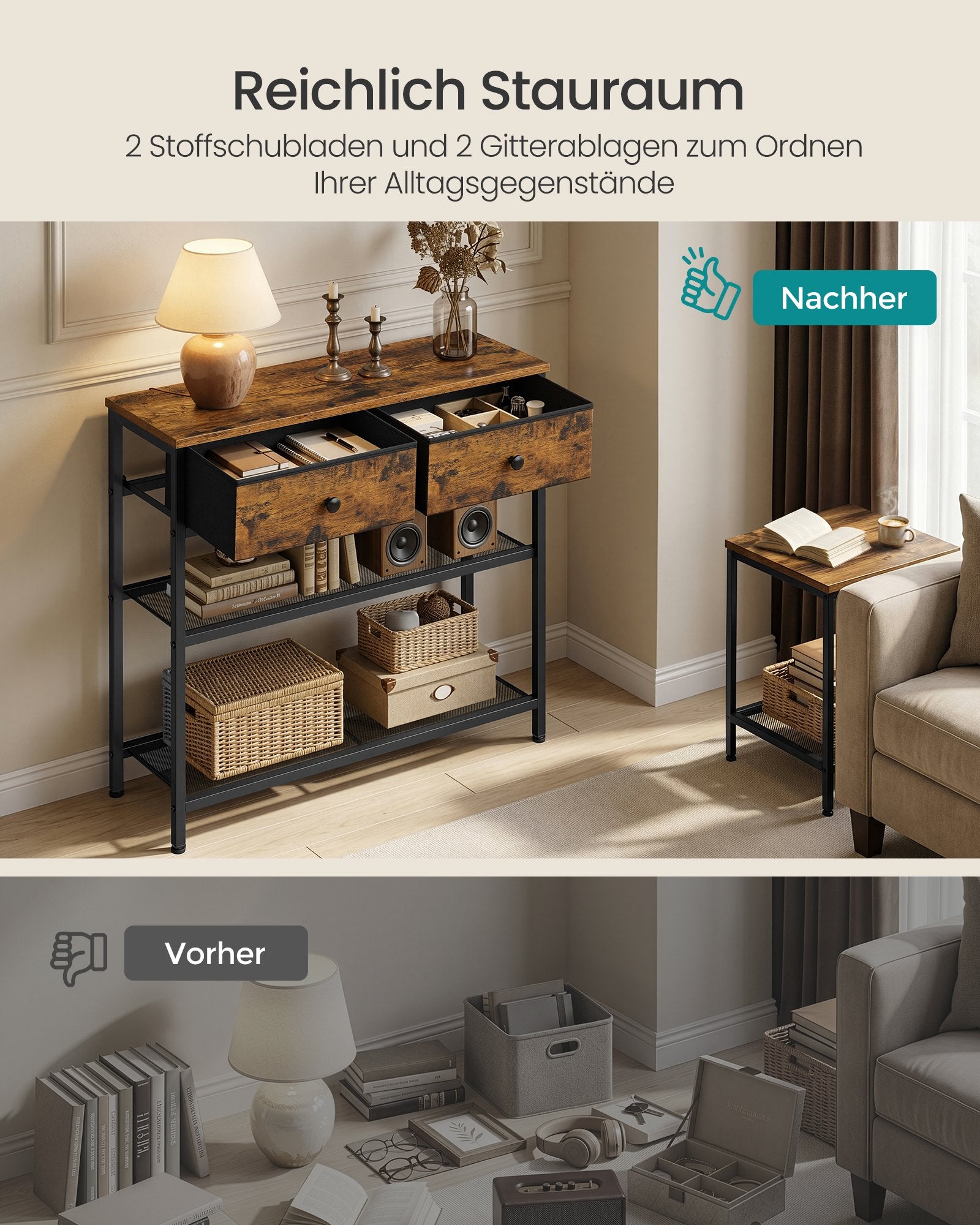 Konsolentisch vintagebraun 76,7x30x78,7 cm 2 Schubladen