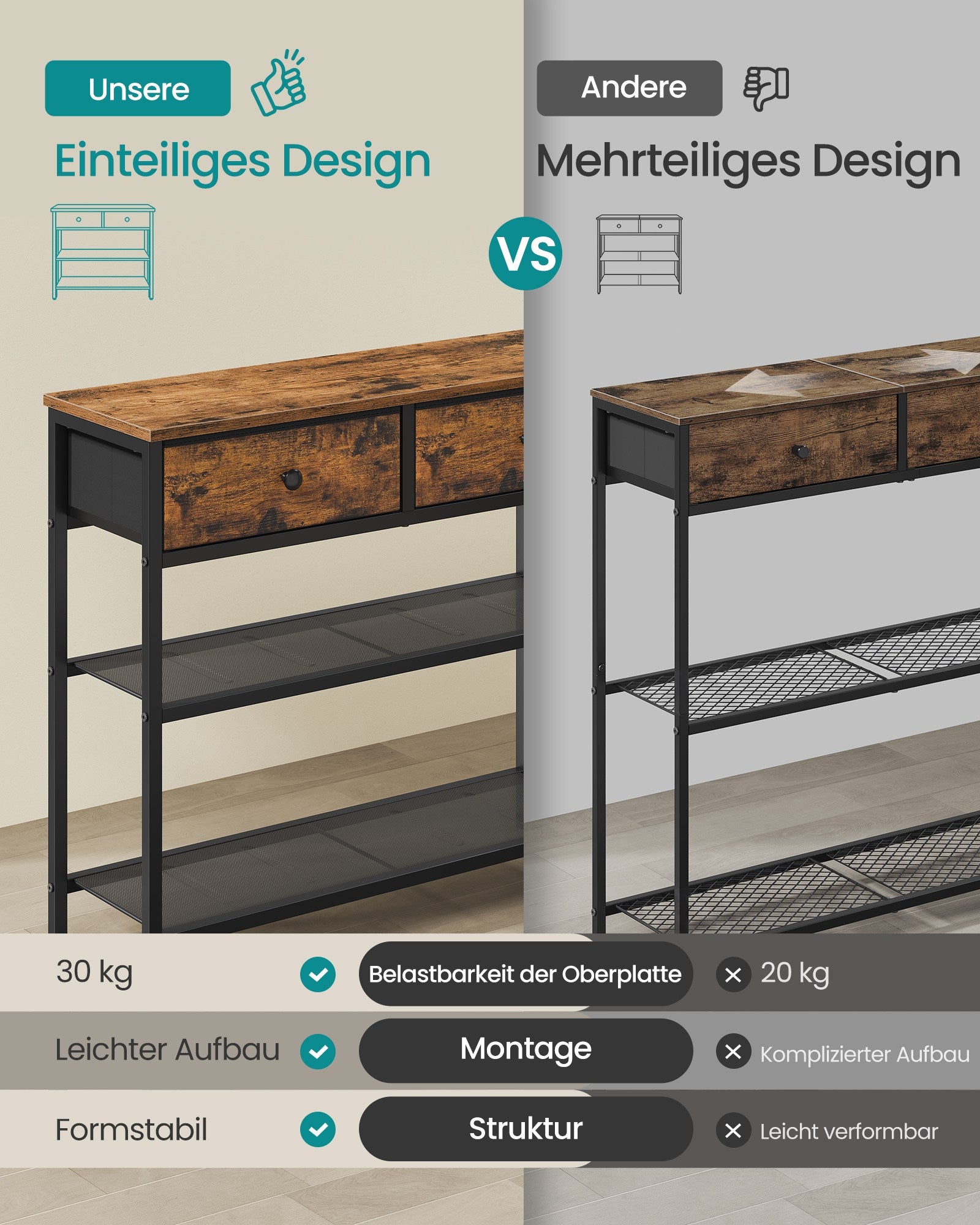 Konsolentisch vintagebraun 76,7x30x78,7 cm 2 Schubladen