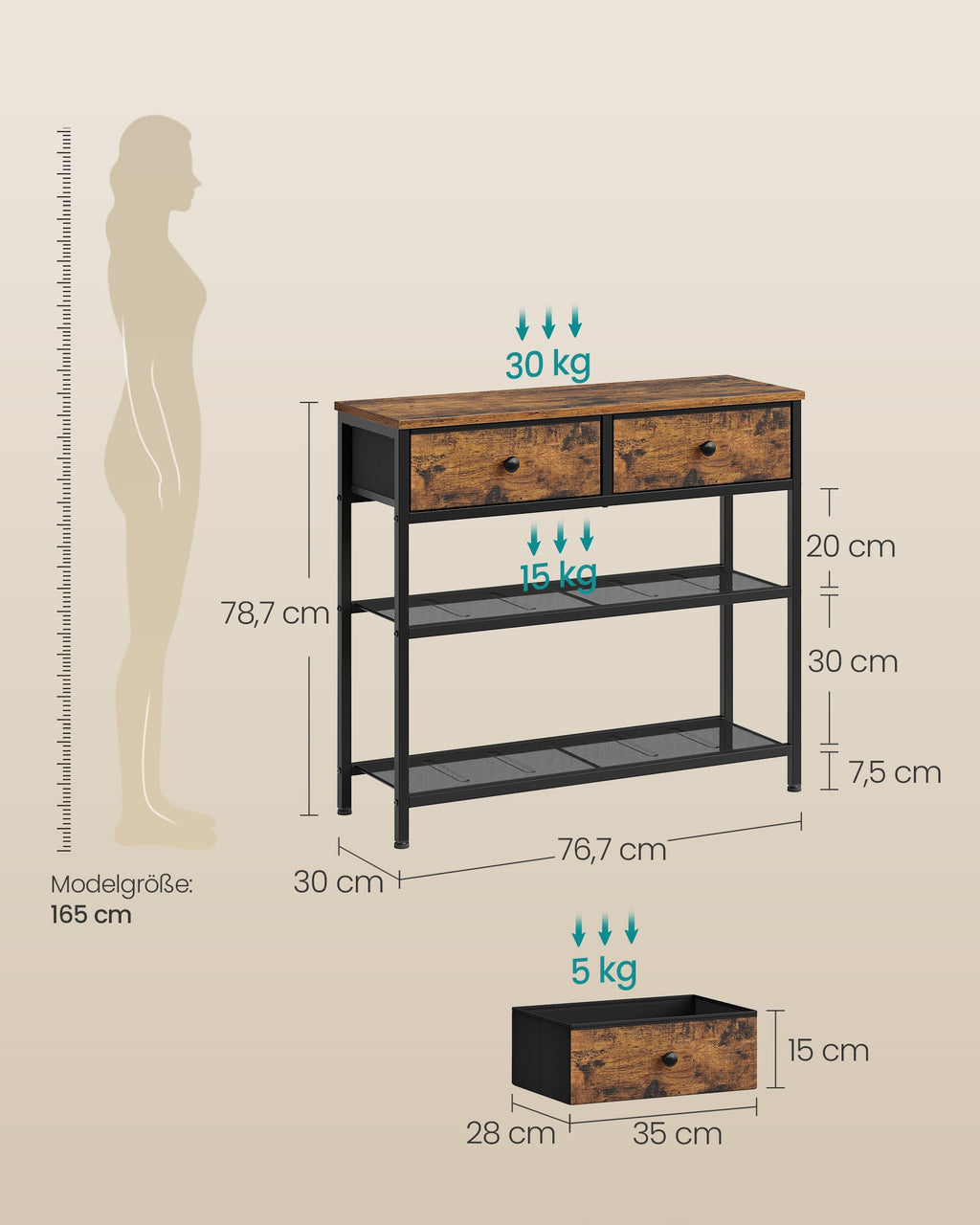 Konsolentisch vintagebraun 76,7x30x78,7 cm 2 Schubladen
