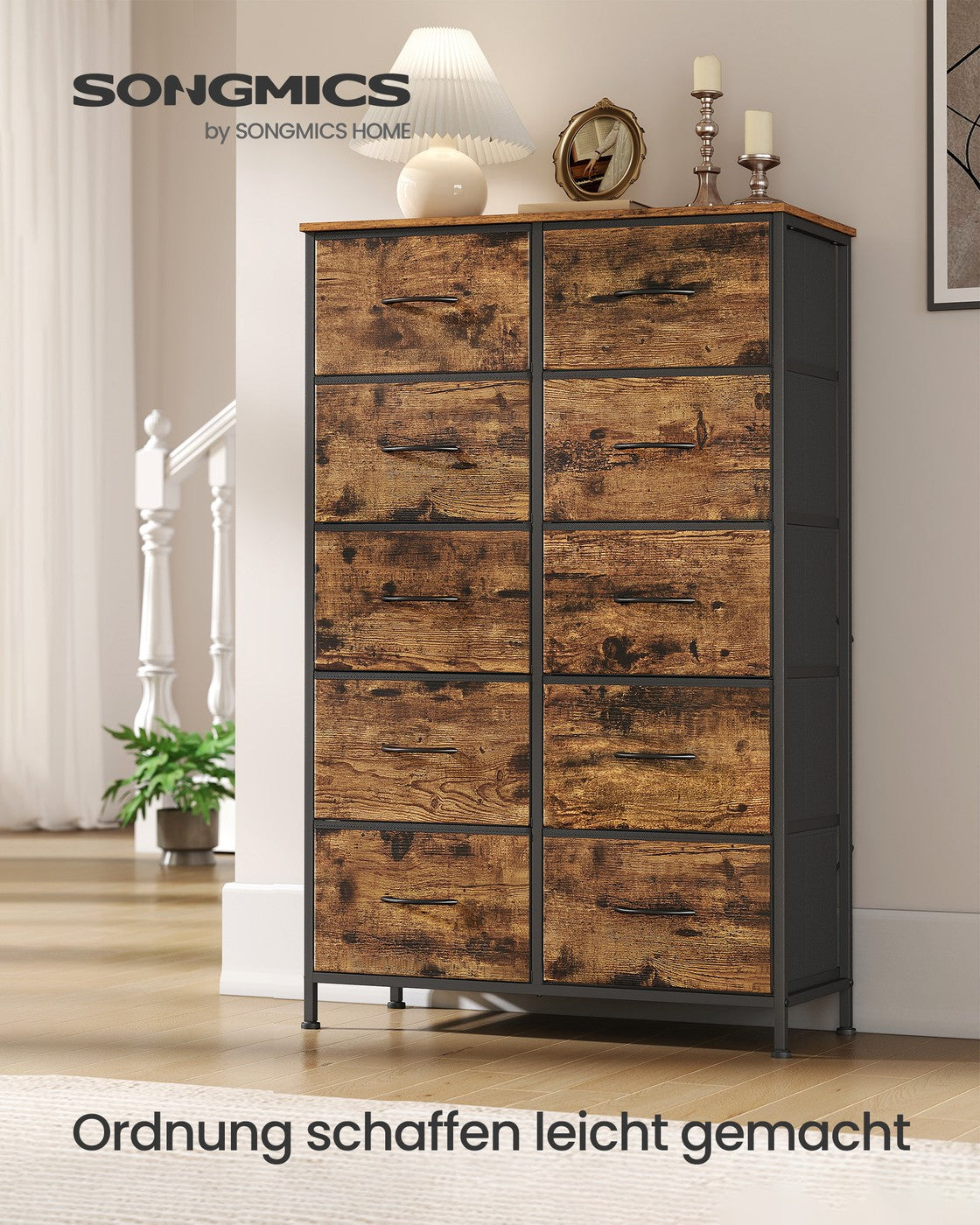 SONGMICS BELLAH Kollektion - Kommode, Schrank, Aufbewahrungsschrank, für Schlafzimmer, Flur, Wohnzimmer, Stahl, 10 Schubladen, Industrie-Stil, vintagebraun-tintenschwarz LGS125BH04