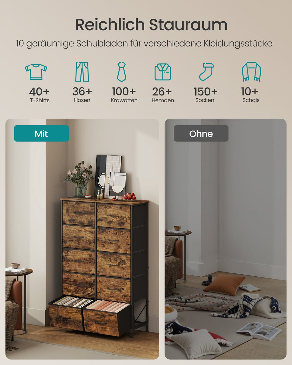 SONGMICS BELLAH Kollektion - Kommode, Schrank, Aufbewahrungsschrank, für Schlafzimmer, Flur, Wohnzimmer, Stahl, 10 Schubladen, Industrie-Stil, vintagebraun-tintenschwarz LGS125BH04