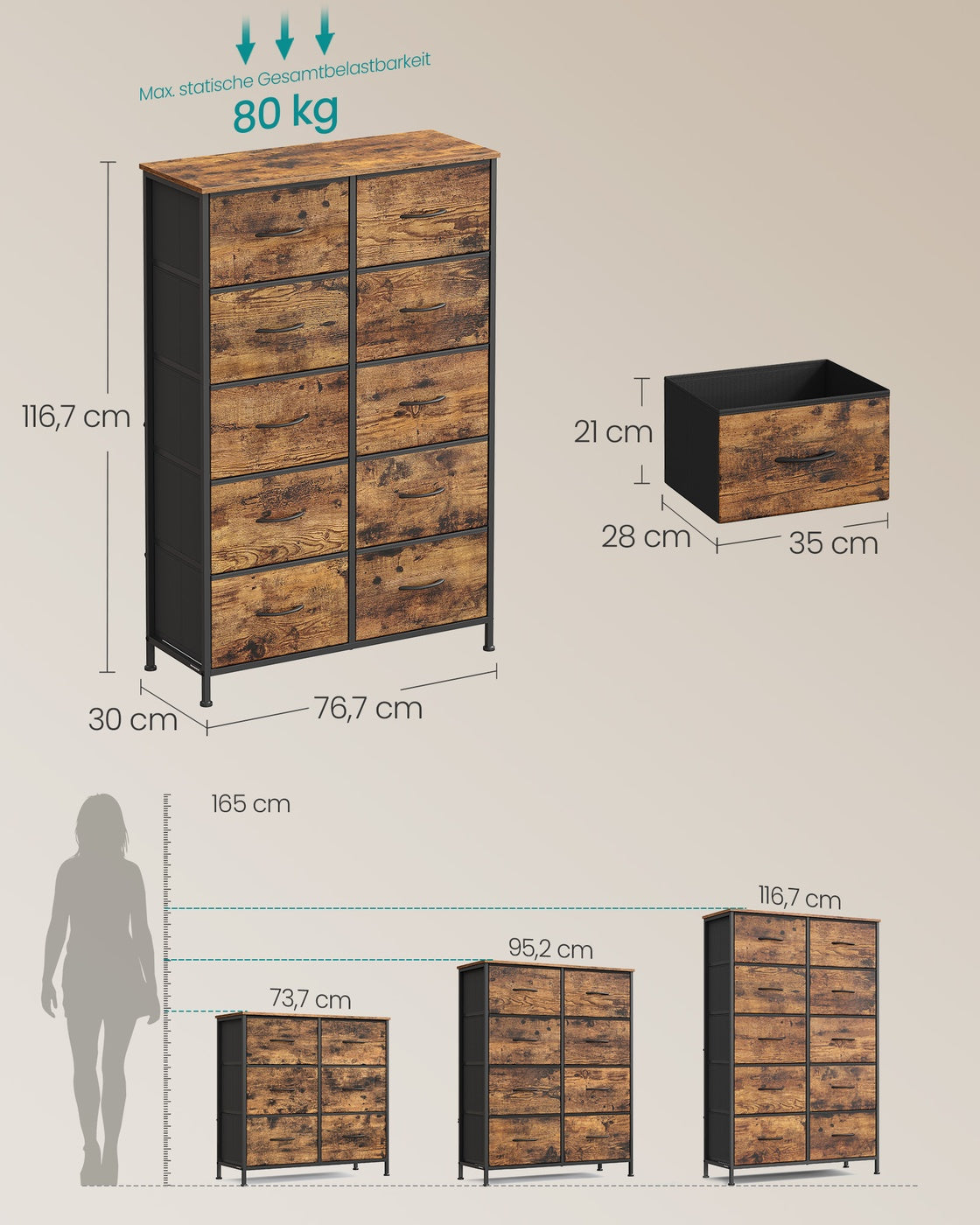 SONGMICS BELLAH Kollektion - Kommode, Schrank, Aufbewahrungsschrank, für Schlafzimmer, Flur, Wohnzimmer, Stahl, 10 Schubladen, Industrie-Stil, vintagebraun-tintenschwarz LGS125BH04