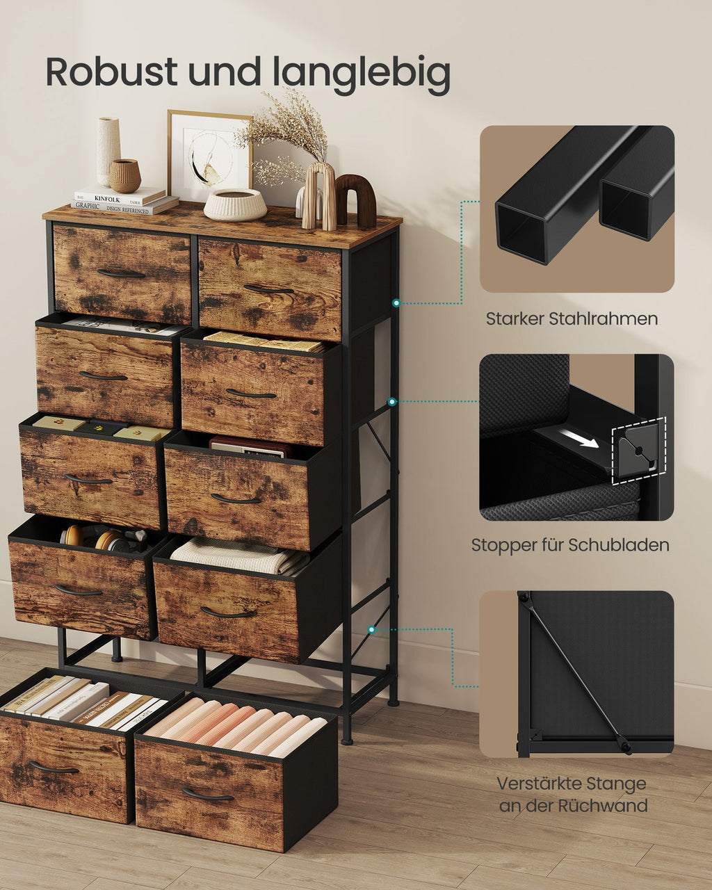 SONGMICS BELLAH Kollektion - Kommode, Schrank, Aufbewahrungsschrank, für Schlafzimmer, Flur, Wohnzimmer, Stahl, 10 Schubladen, Industrie-Stil, vintagebraun-tintenschwarz LGS125BH04