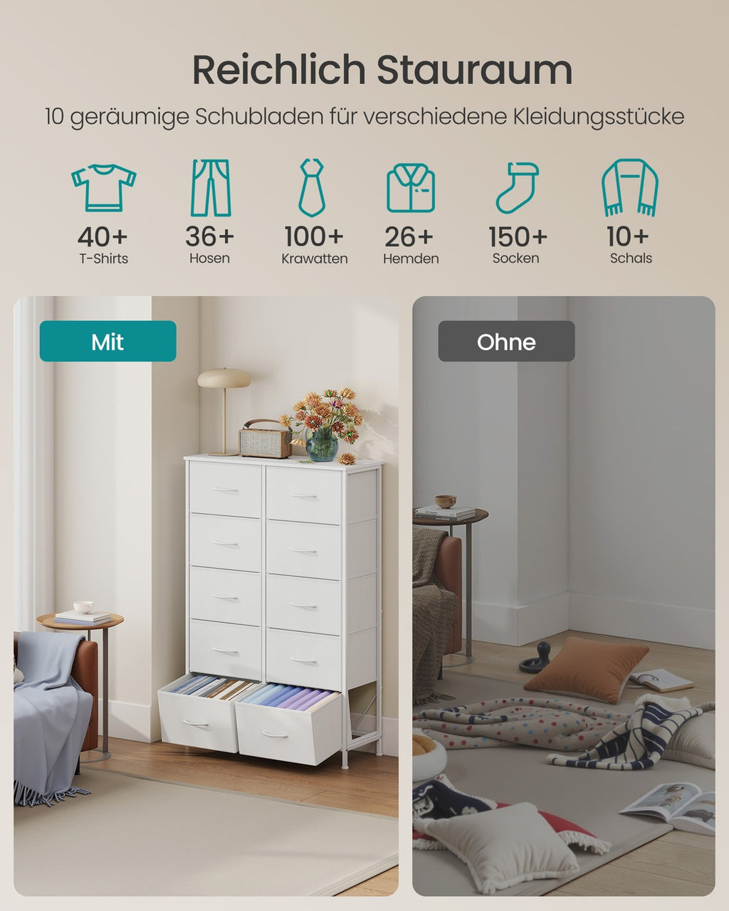 SONGMICS BELLAH Kollektion - Kommode, Schrank, Aufbewahrungsschrank, für Schlafzimmer, Flur, Wohnzimmer, Stahl, 10 Schubladen, modern, wolkenweiß-schneeweiß LGS125WH01