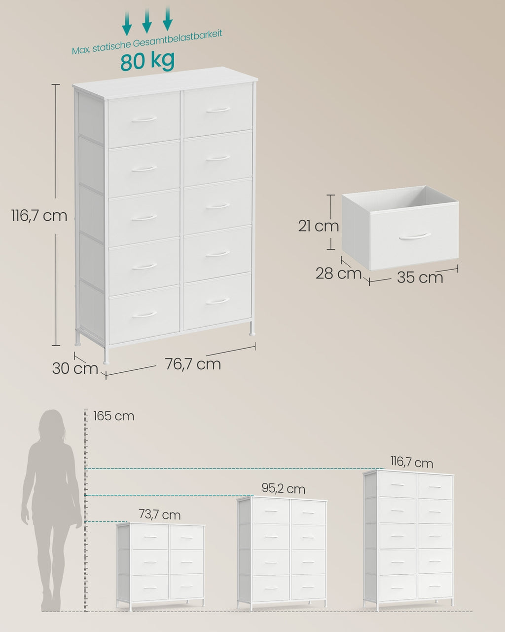 SONGMICS BELLAH Kollektion - Kommode, Schrank, Aufbewahrungsschrank, für Schlafzimmer, Flur, Wohnzimmer, Stahl, 10 Schubladen, modern, wolkenweiß-schneeweiß LGS125WH01