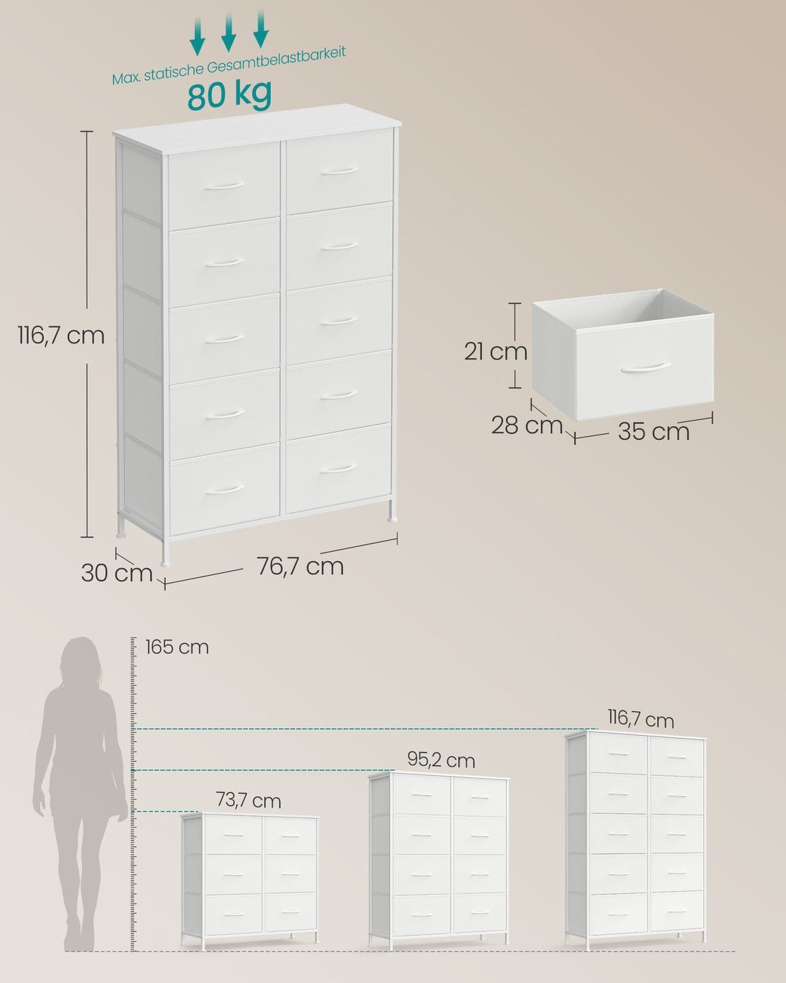 SONGMICS BELLAH Kollektion - Kommode, Schrank, Aufbewahrungsschrank, für Schlafzimmer, Flur, Wohnzimmer, Stahl, 10 Schubladen, modern, wolkenweiß-schneeweiß LGS125WH01