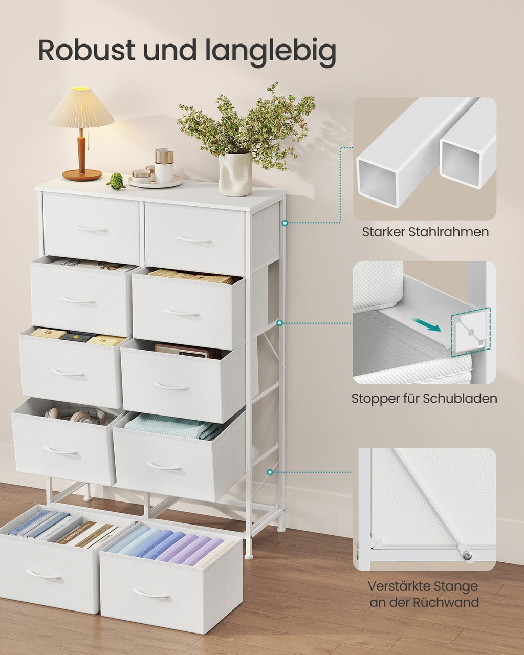 SONGMICS BELLAH Kollektion - Kommode, Schrank, Aufbewahrungsschrank, für Schlafzimmer, Flur, Wohnzimmer, Stahl, 10 Schubladen, modern, wolkenweiß-schneeweiß LGS125WH01