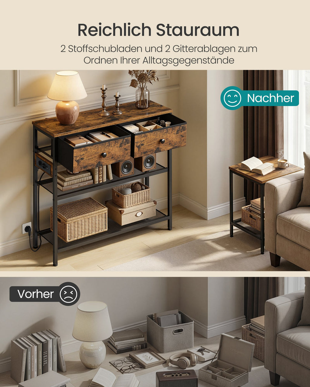 Konsolentisch mit 3 Schubladen 76,7 x 30 x 78,7 cm vintage-braun