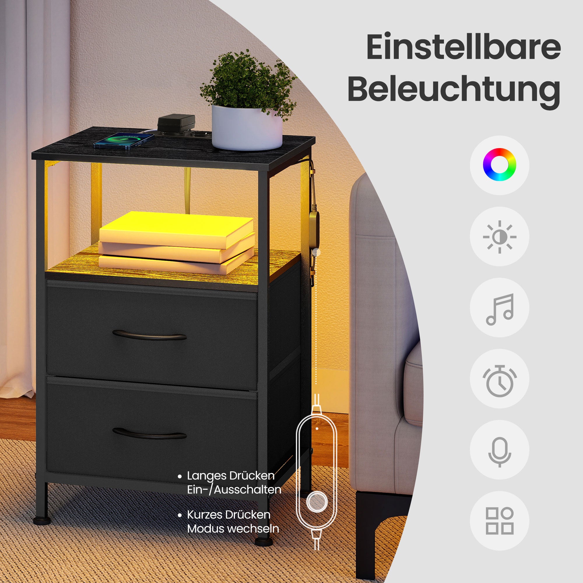 Nachttisch mit LED-Beleuchtung und Ladestation