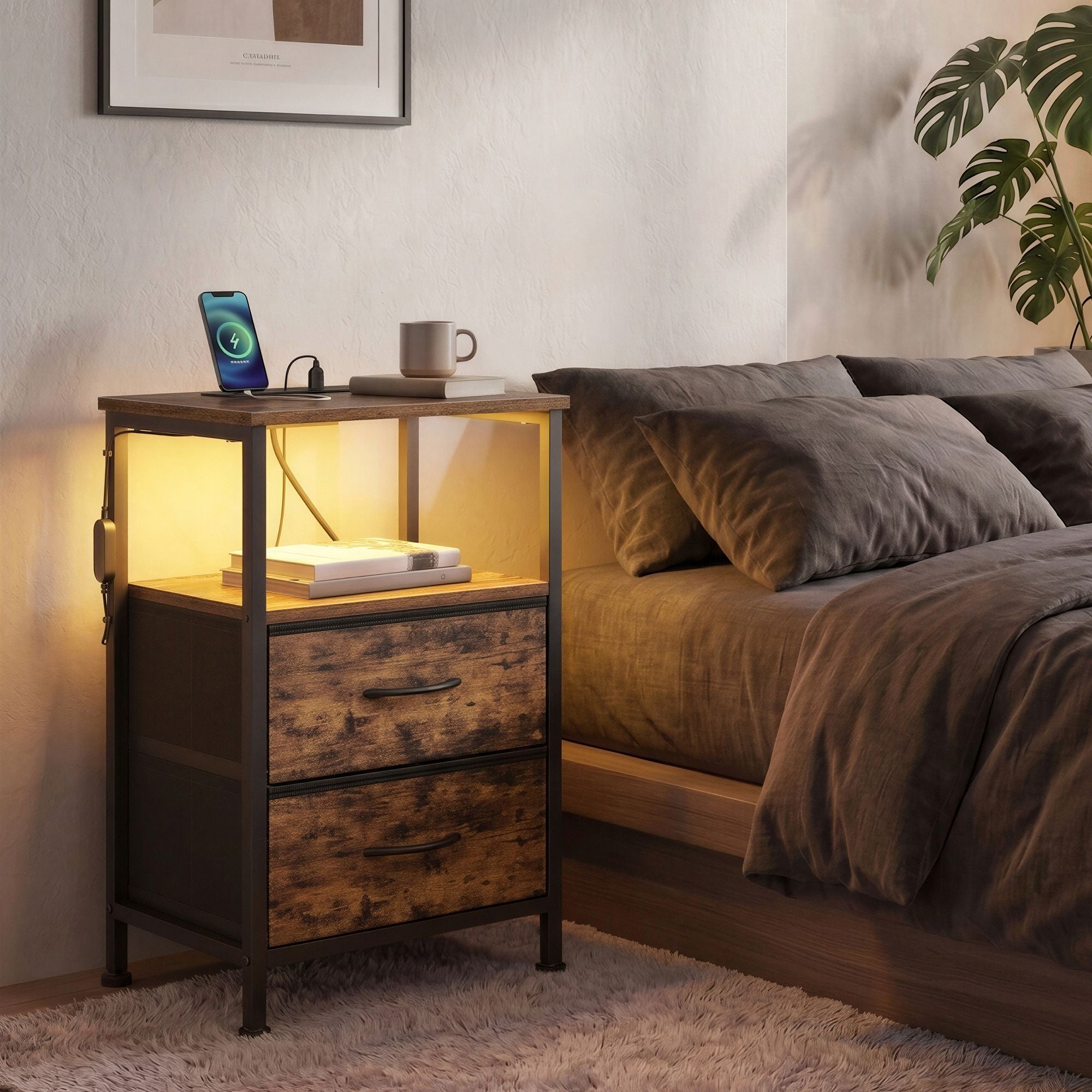 Nachttisch mit LED-Beleuchtung und Ladestation