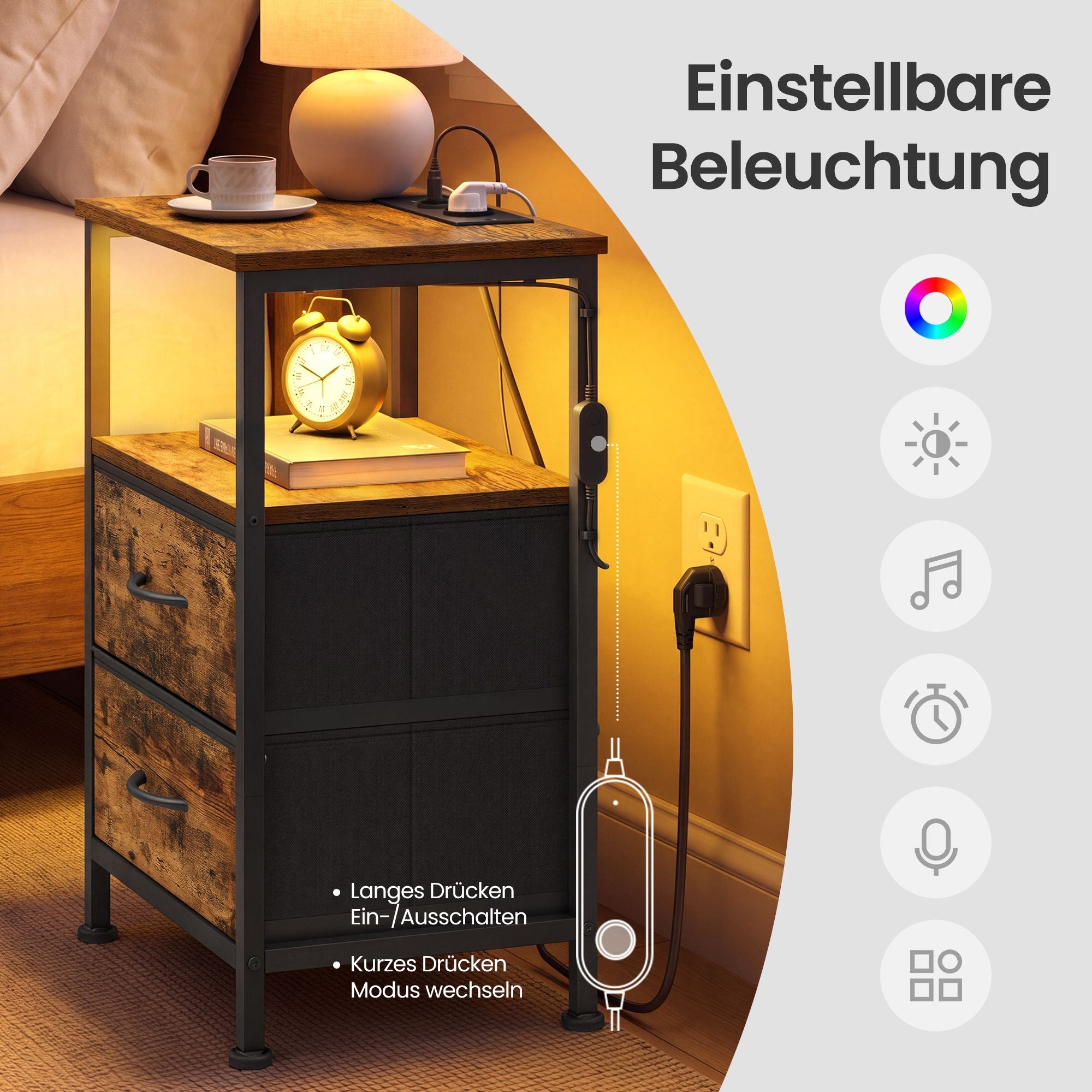 Nachttisch mit LED-Beleuchtung und Ladestation