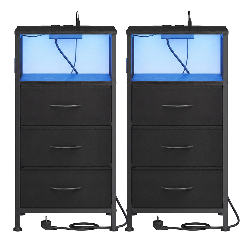 Nachttisch mit LED-Beleuchtung und Ladestation, Nachttisch mit 3 Schubladen und offenem Fach