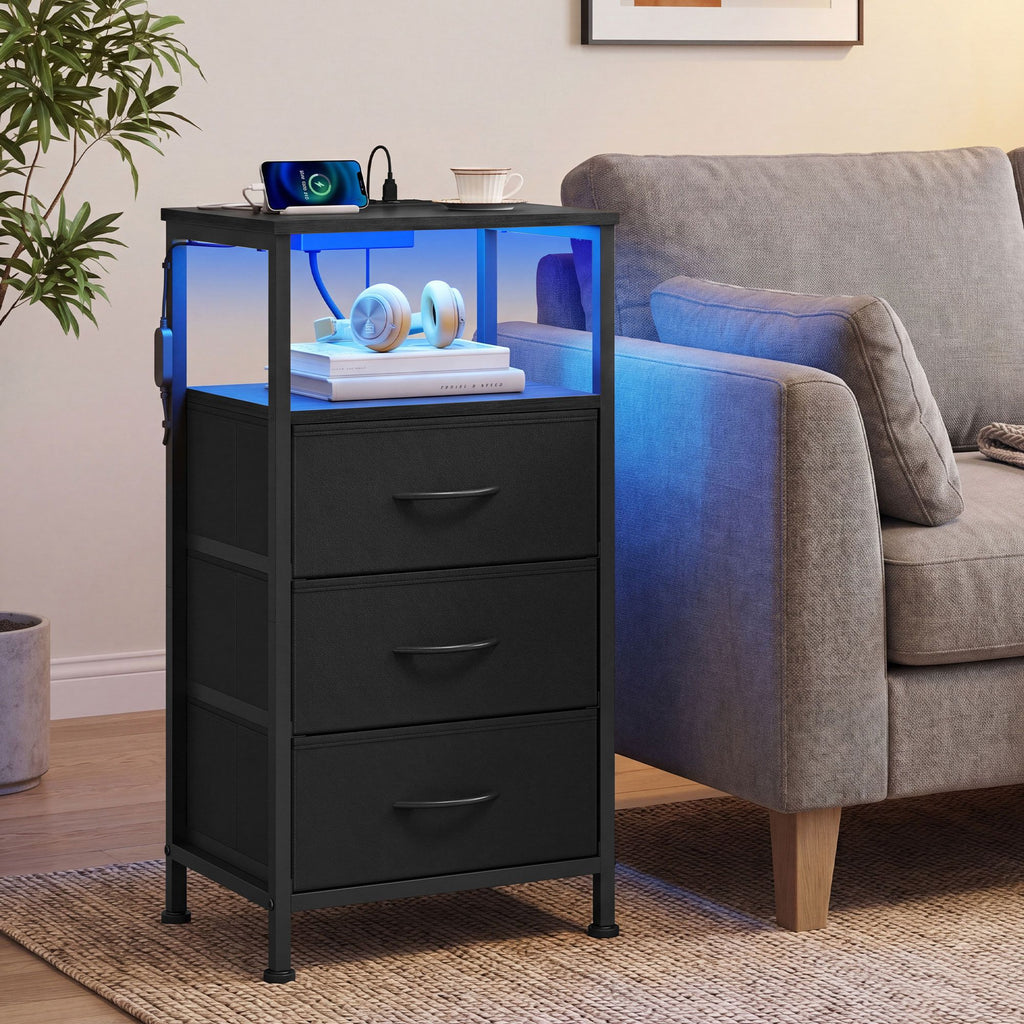 Nachttisch mit LED-Beleuchtung und Ladestation, Nachttisch mit 3 Schubladen und offenem Fach