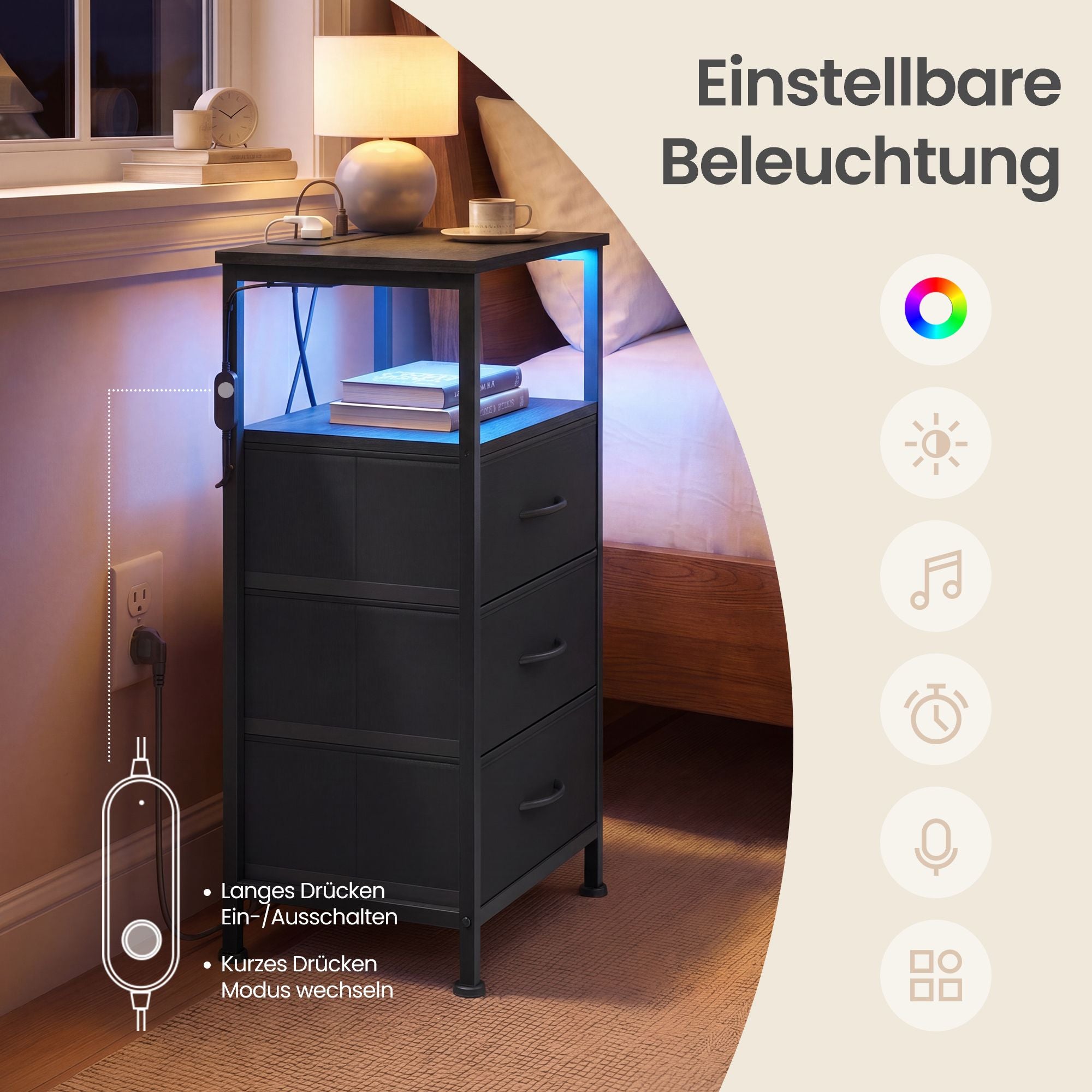 Nachttisch mit LED-Beleuchtung und Ladestation, Nachttisch mit 3 Schubladen und offenem Fach