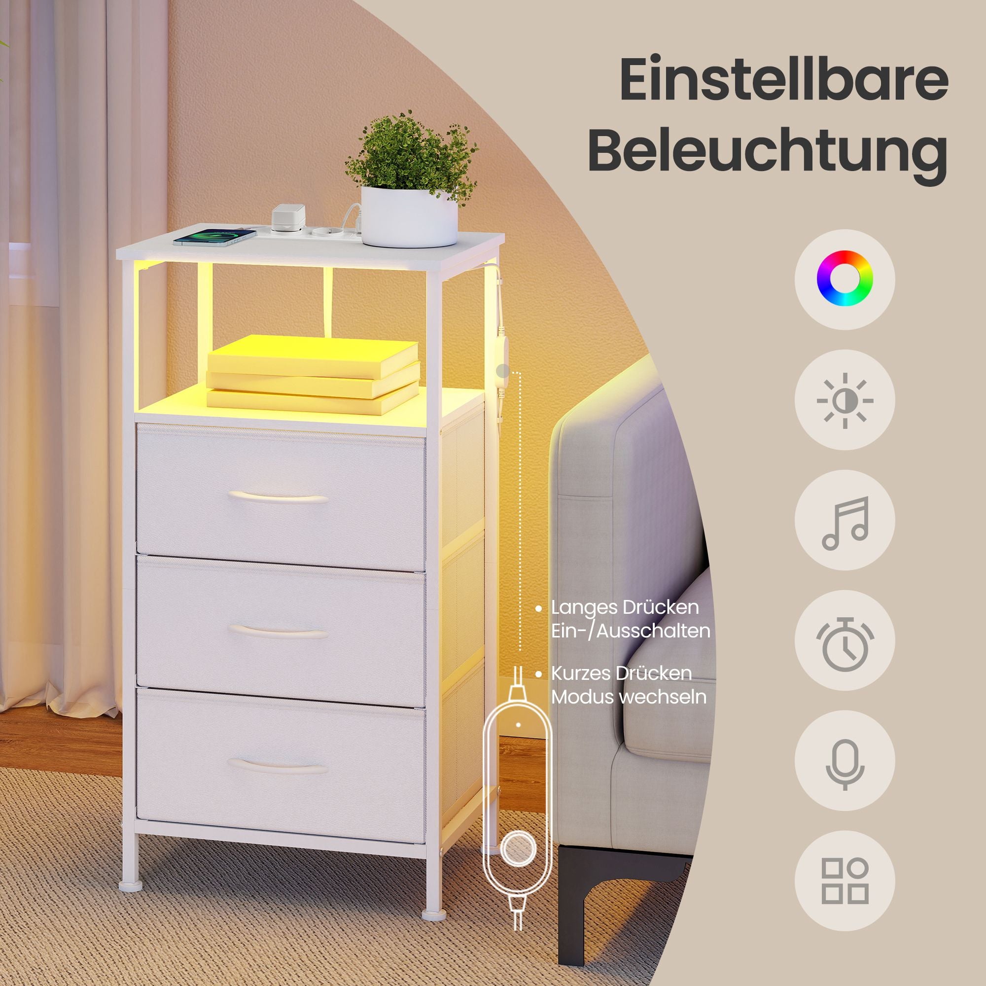 Nachttisch mit LED-Beleuchtung und Ladestation