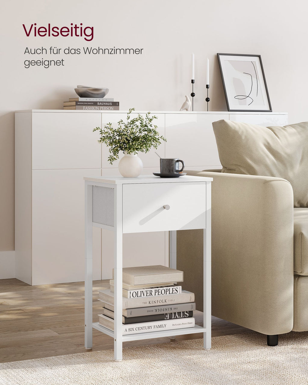 Beistelltisch 2er Set mit Stoff-Schublade weiß