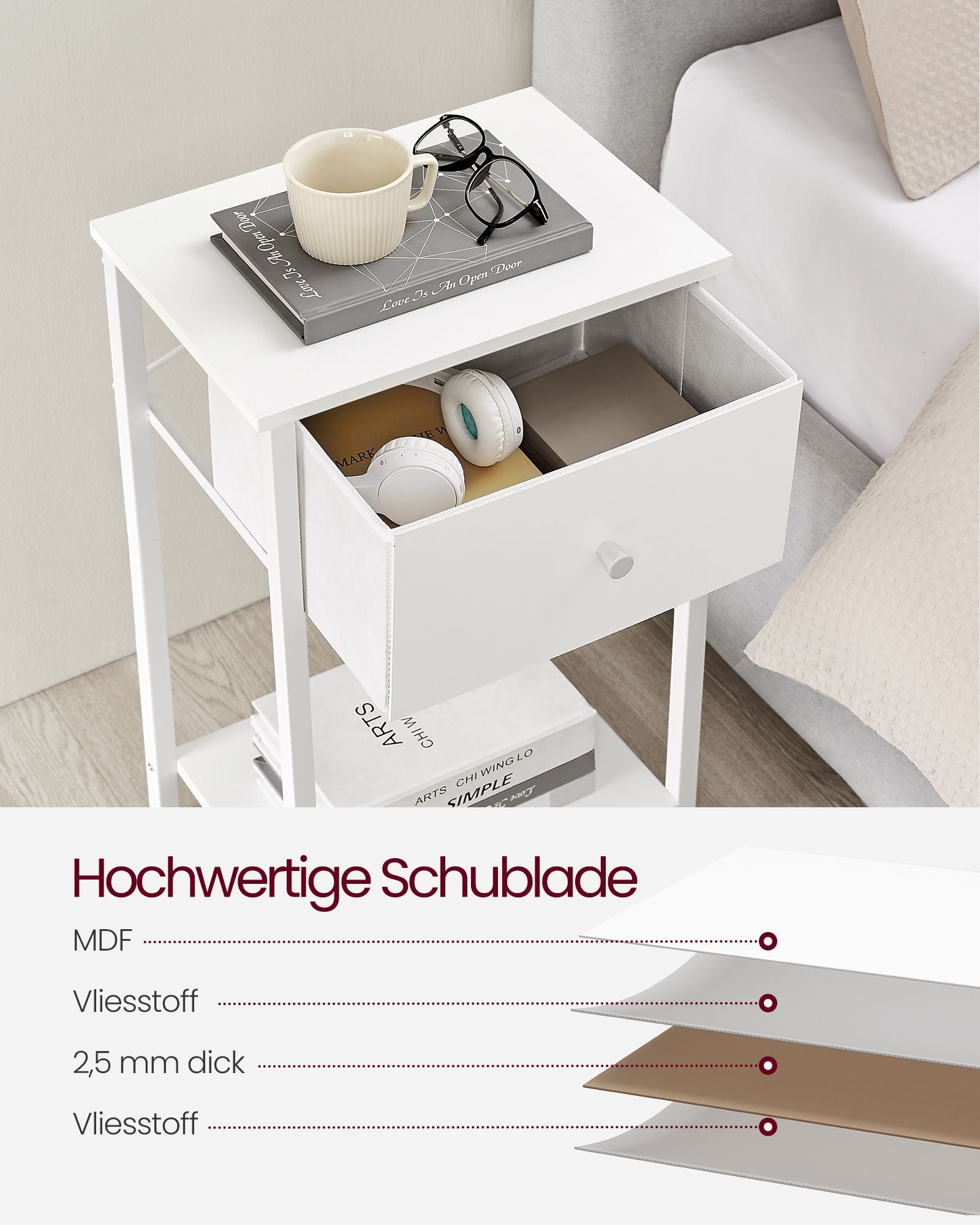 Beistelltisch 2er Set mit Stoff-Schublade weiß