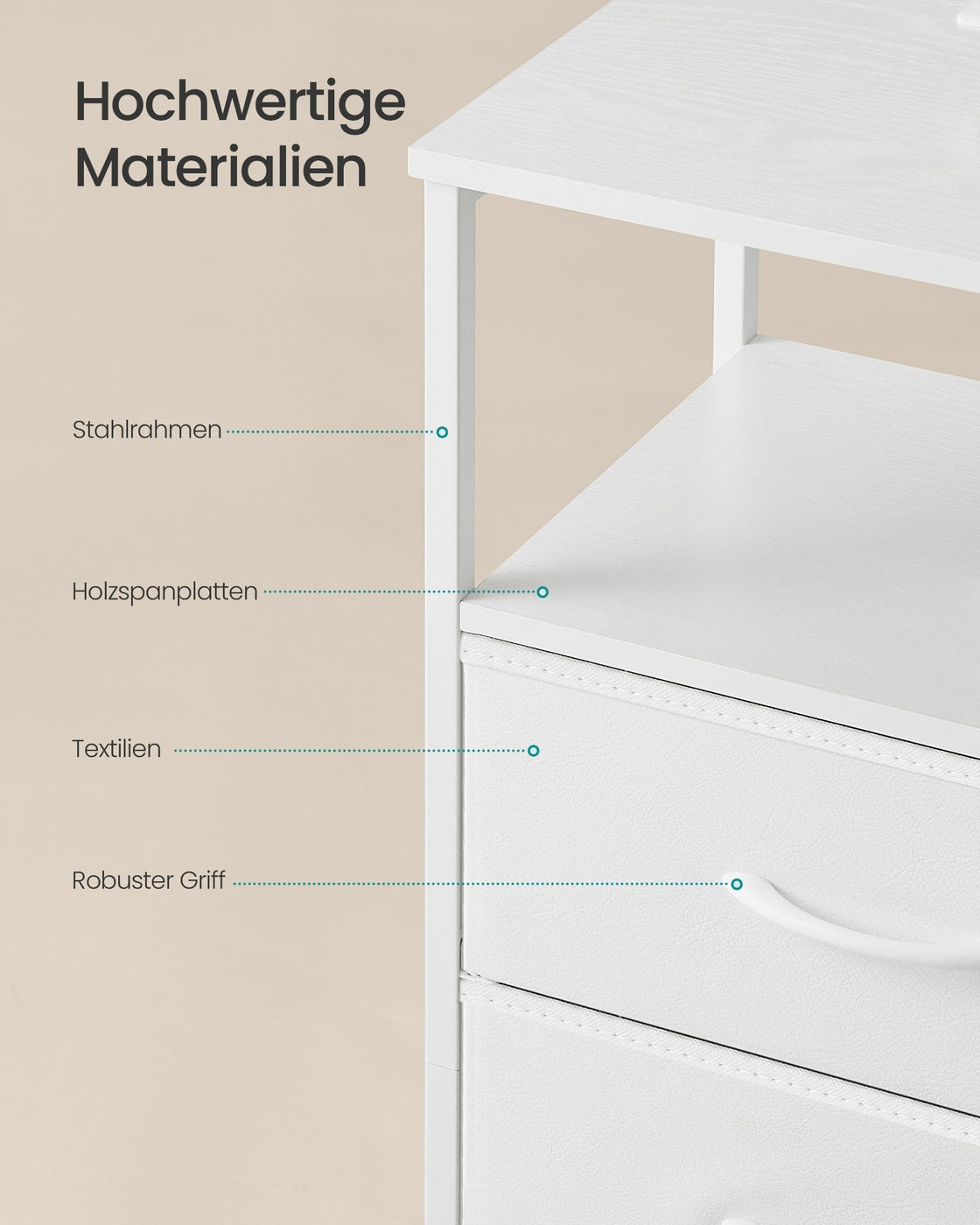 BELLAH Kollektion - Nachttisch mit Ladestation und App gesteuerter Beleuchtung, 1 offenes Fach, 3 Schubladen, wolkenweiß-schneeweiß