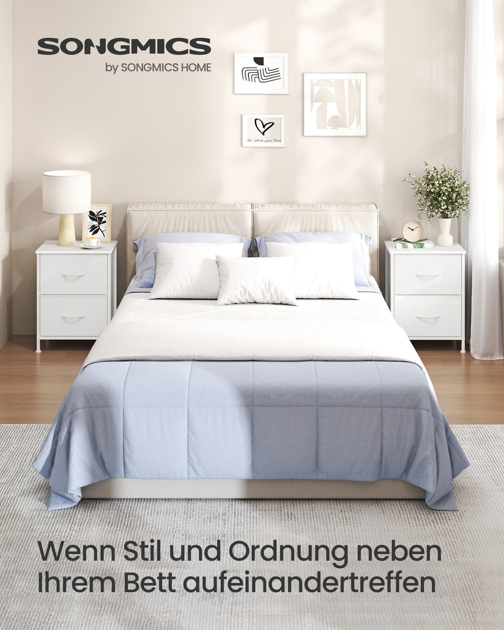 Nachttisch mit 2 Stoffschubladen wolkenweiß-schneeweiß