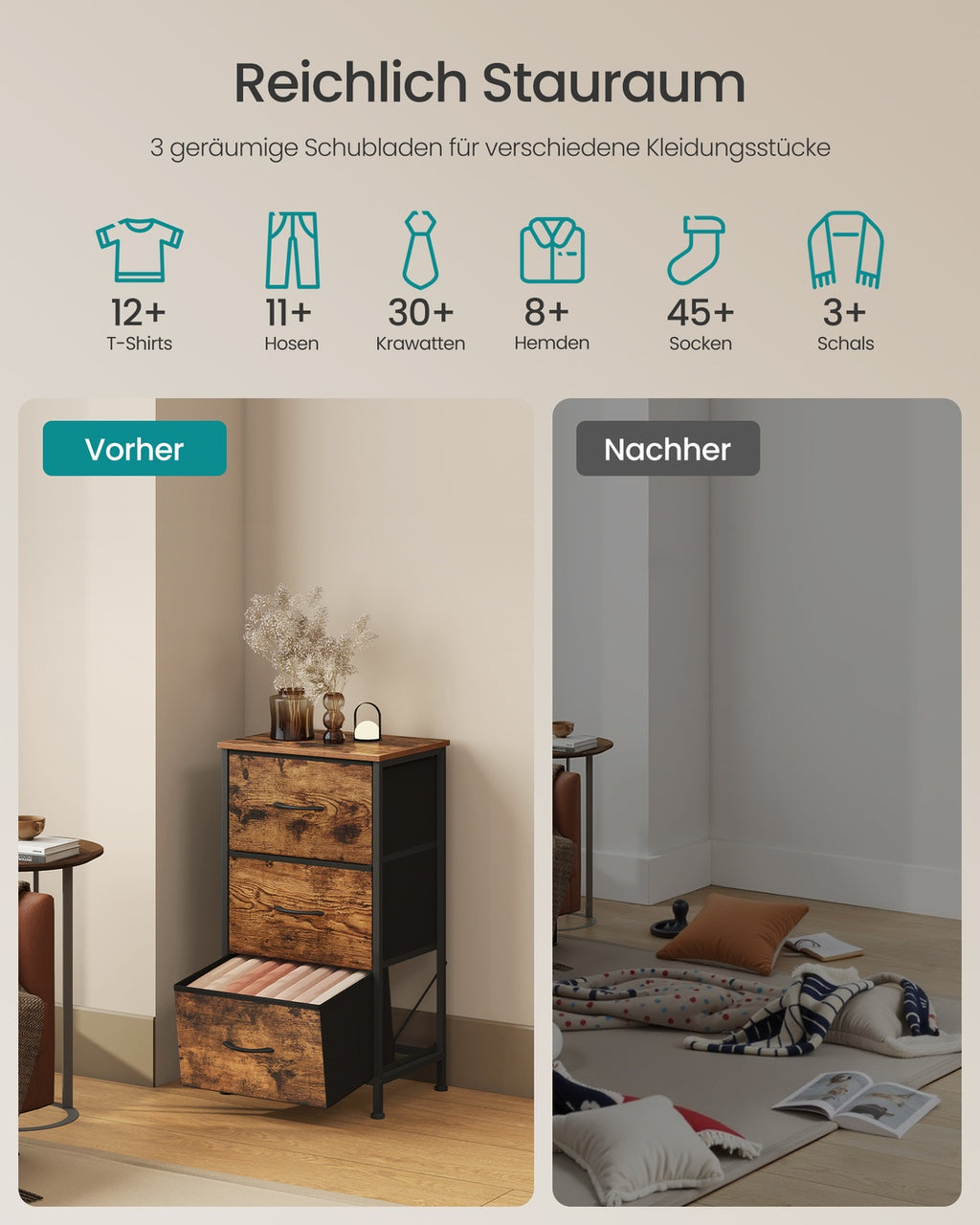 Kommode mit 3 Stoffschubladen vintagebraun-tintenschwarz